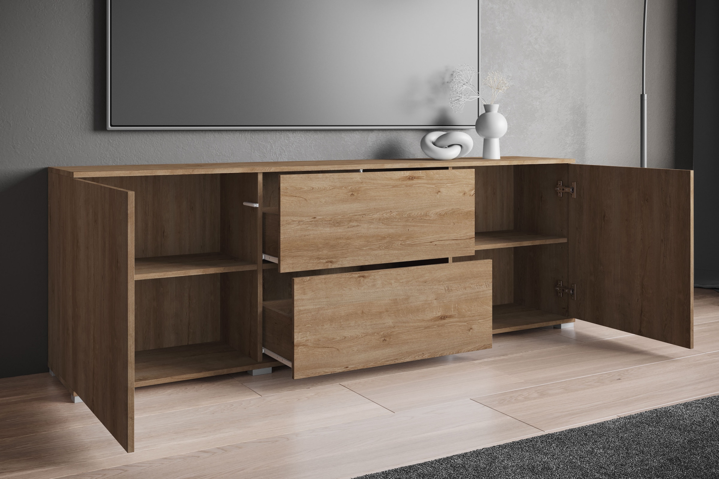 INOSIGN Lowboard »Kenia«, (1 St.), Der moderne TV-Schrank, mit 2 Türen und 2 Schubladen, Breite 180 cm