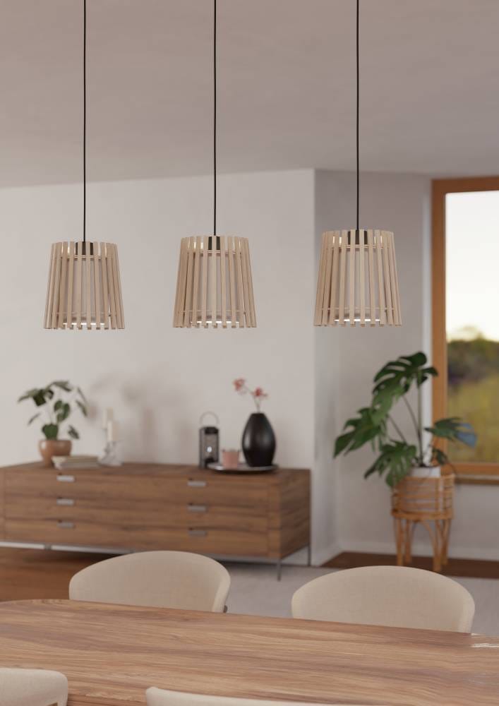 EGLO Hängeleuchte »FATTORIA«, 3 flammig, Leuchtmittel E27 | ohne Leuchtmittel, Pendelleuchte, Holz, Textil in Weiß, Metall in Schwarz, E27, 90 cm