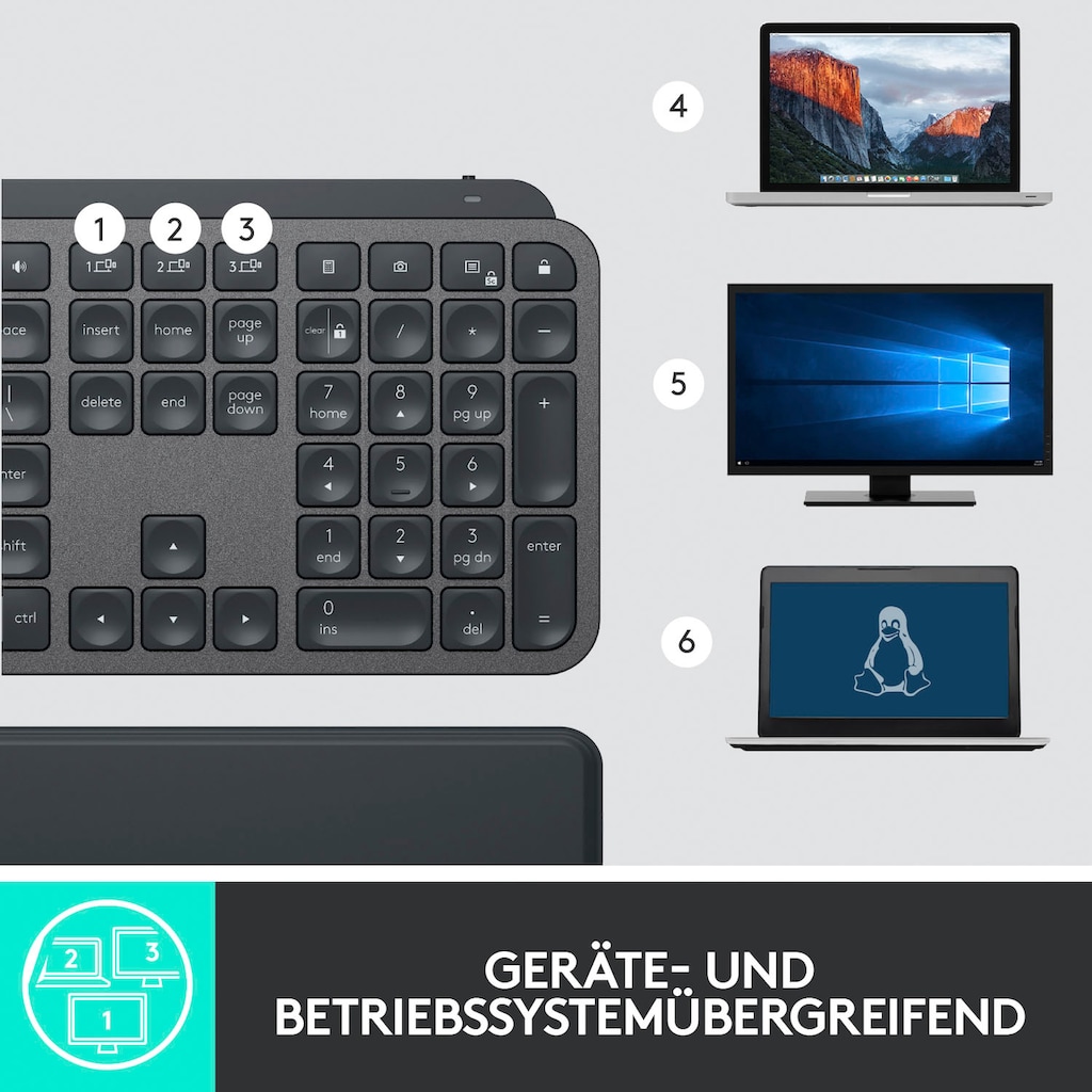 Logitech Tastatur »MX Keys Plus Advanced - GRAPHITE«, (Handgelenkauflage)