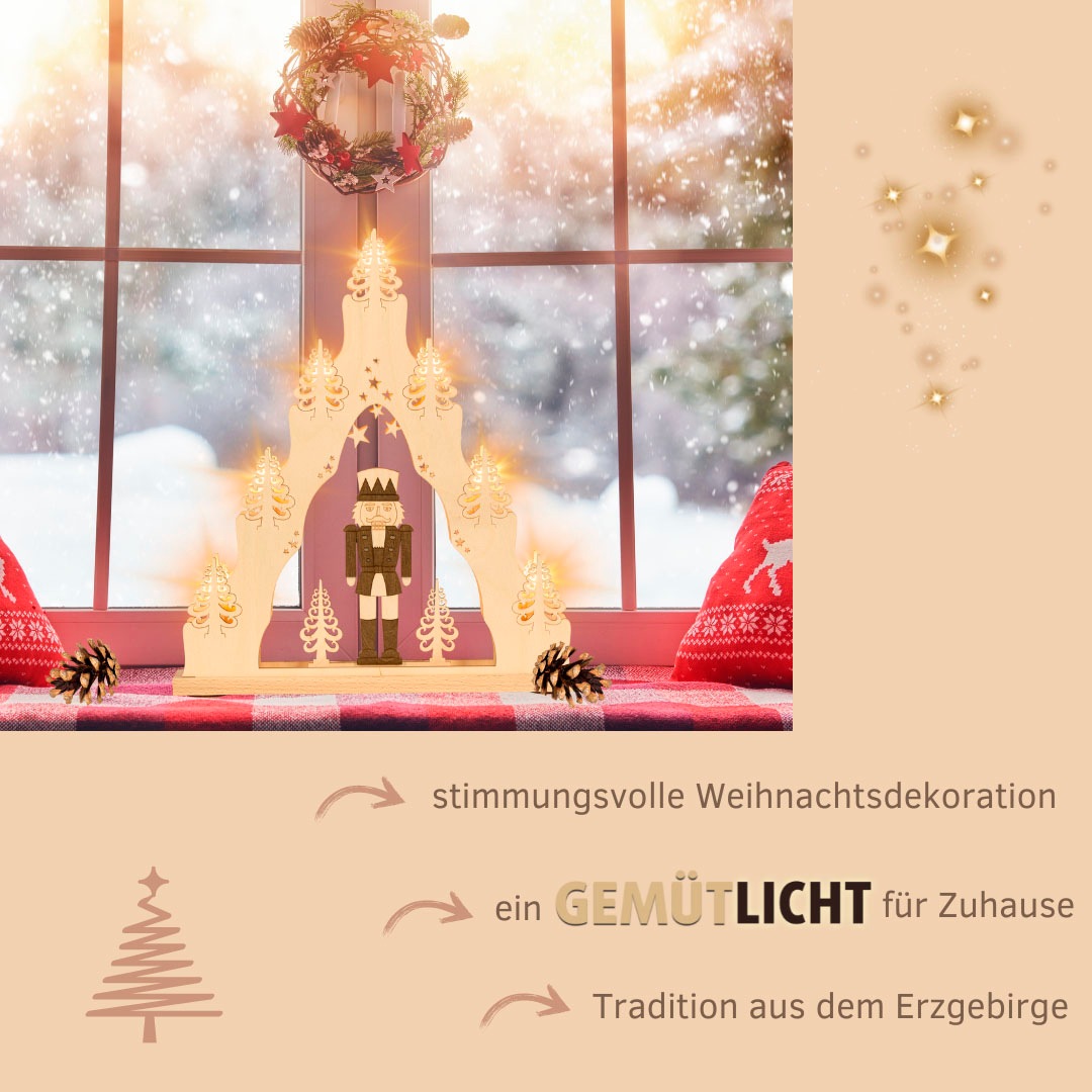 Weigla LED Schwibbogen »Nussknacker, Lichterspitze aus Holz, NATUR-BRAUN«, Erzgebirge garantiert, Weihnachtsdeko Innen, Weihnachtsbeleuchtung