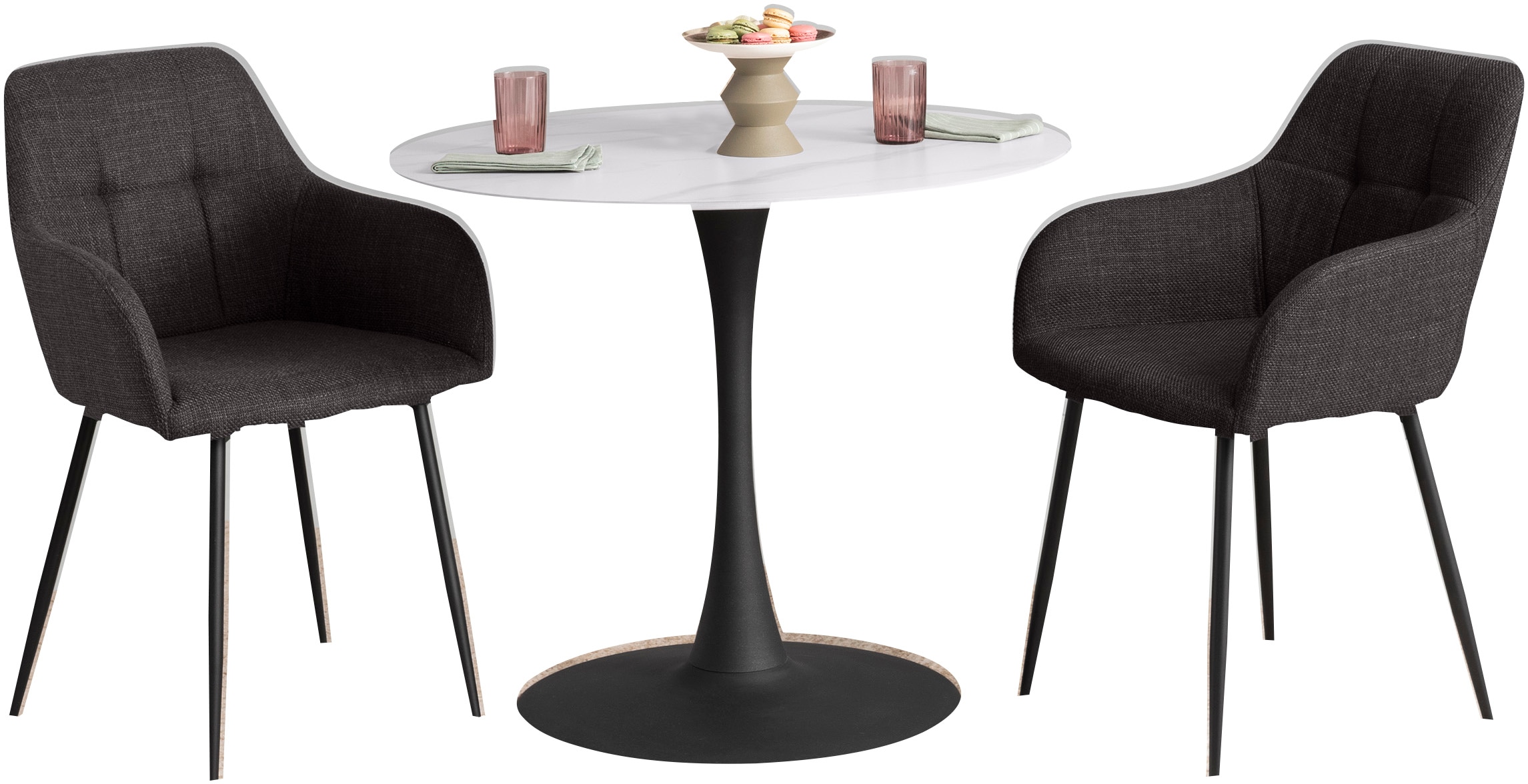 HELA Essgruppe »MOSEL«, (3 tlg.), Tisch 90x75 cm, Platte rund, gesinterter Stein, Armlehnenstuhl