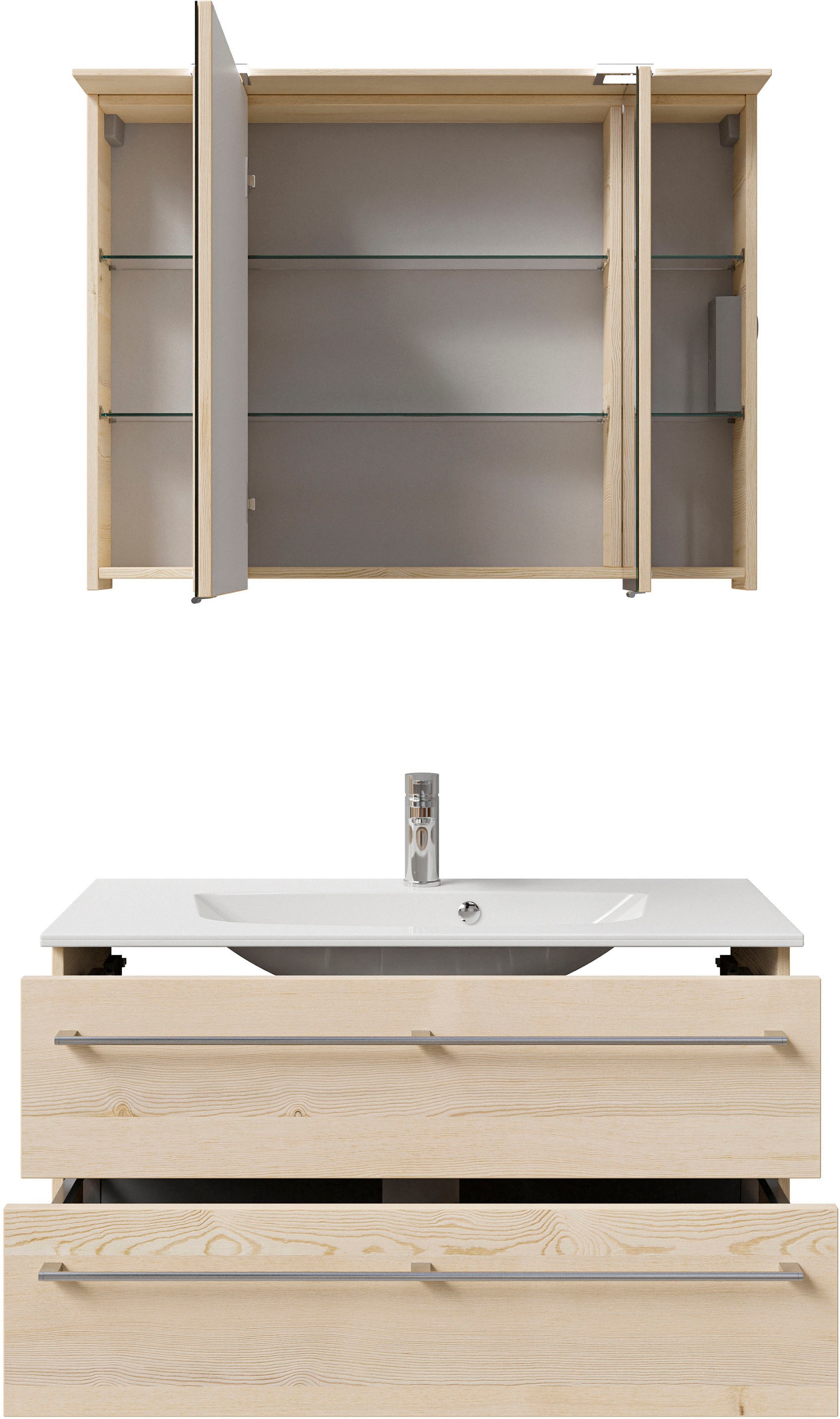 Saphir Badmöbel-Set »Serie 6025 2-teilig Mineralmarmor-Waschtisch mit LED-Spiegelschrank«, (2 St.), Waschplatz 97 cm breit, 2 Schubladen, 3 Spiegel-Türen, inkl Türdämpfer
