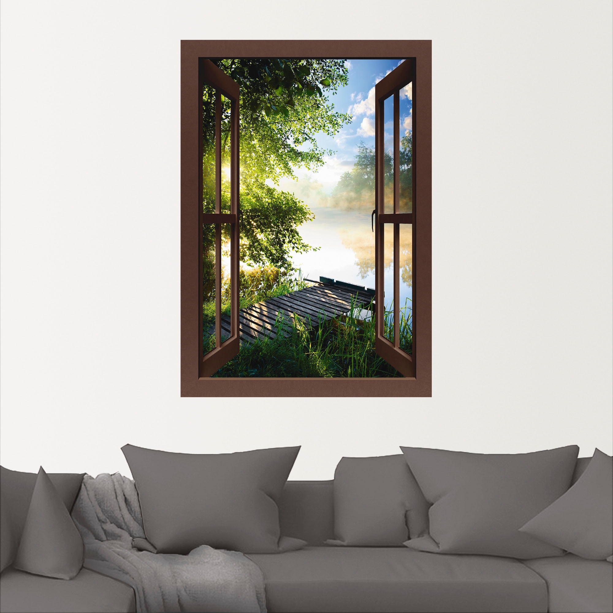 Artland Wandbild »Fensterblick Angelsteg am Fluss«, Fensterblick, (1 St.), als Alubild, Outdoorbild, Leinwandbild, Poster, Wandaufkleber