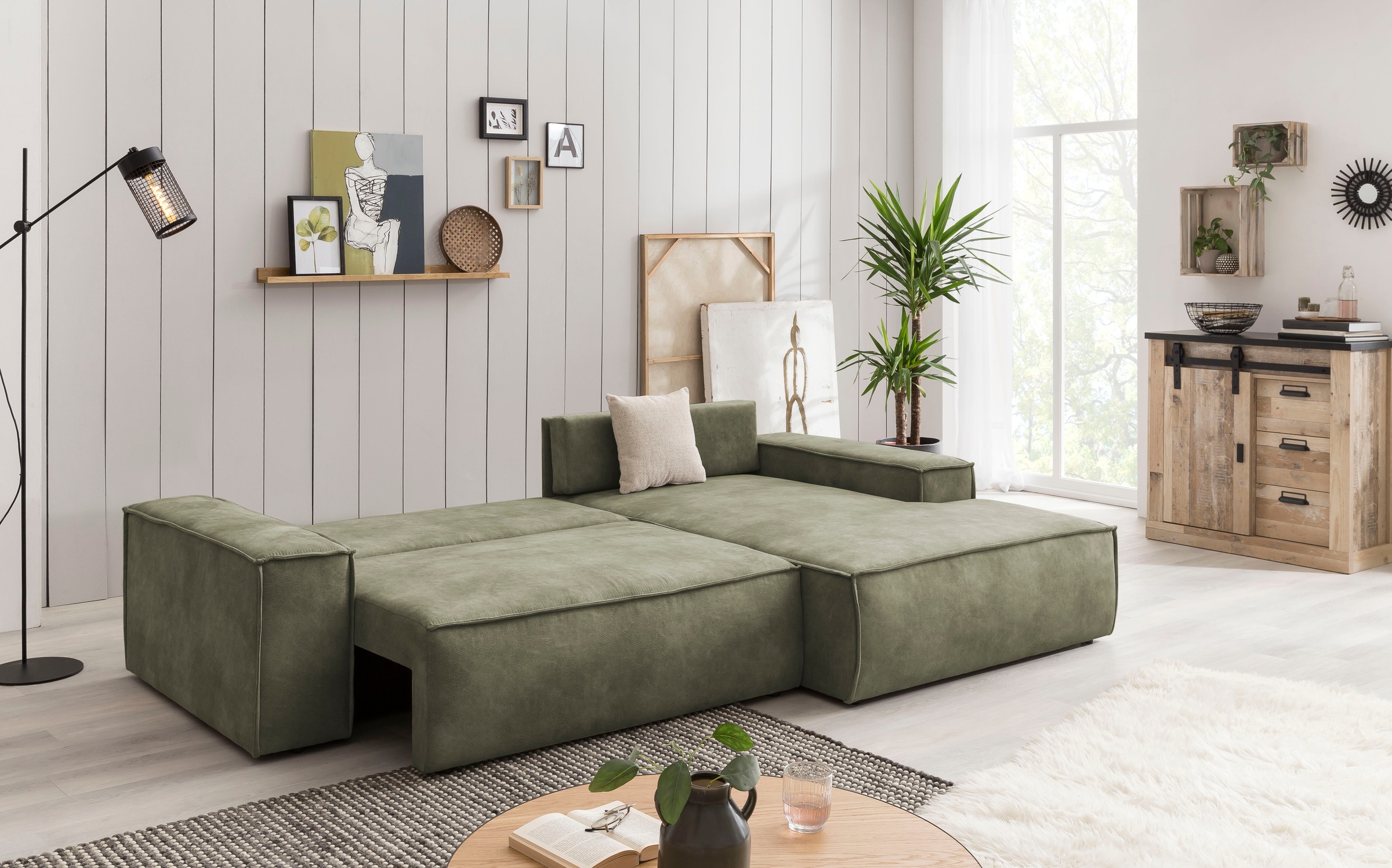Home affaire Ecksofa SHERWOOD Schlafsofa 267 cm, L-Form, Schlaffunktion mit Bettkasten (210x136 cm), Cord, Vintage, Samtvelours