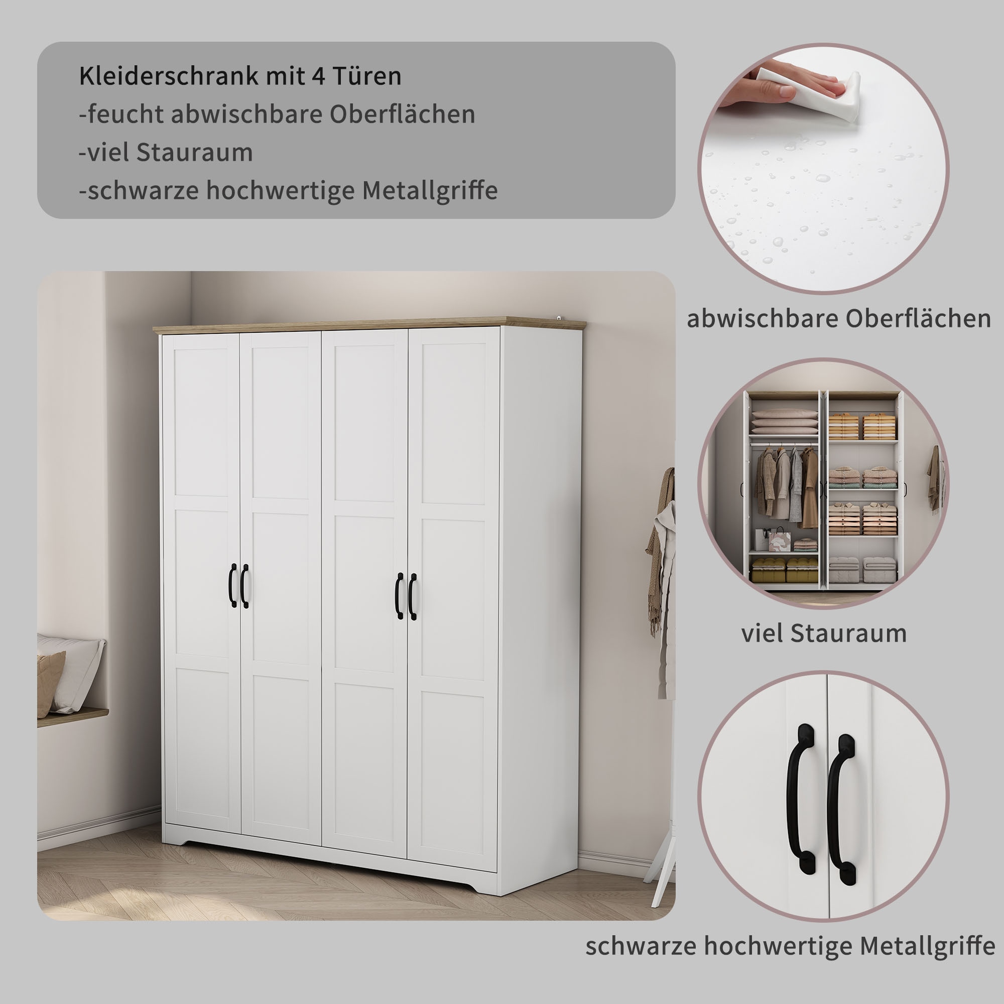 OTTO home Kleiderschrank »Emmilia Schrank Schlafzimmerschrank im Landhaus Design« Mit vielen Einlegeböden und Softclose Türen,  Landhaus Schrank mit  4 Türen Breite 151,1cm Höhe 2m