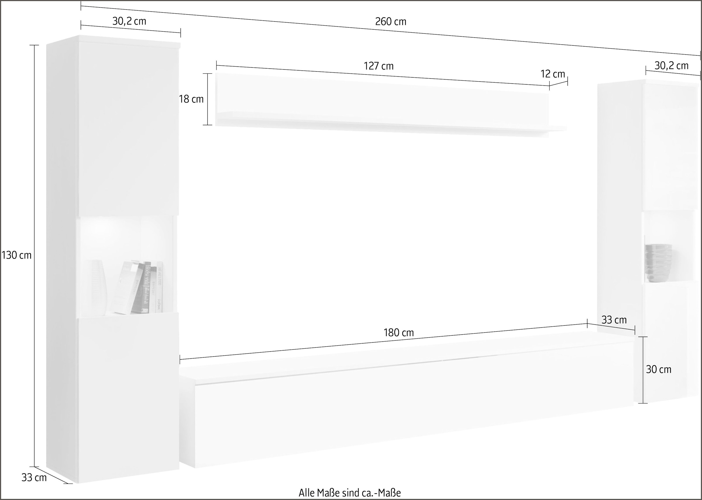 INOSIGN Wohnwand »PARIS«, (Komplett-Set, 4 St.), TV-Wand 260cm breite, grifflose Design, stehend und hängend montierbar