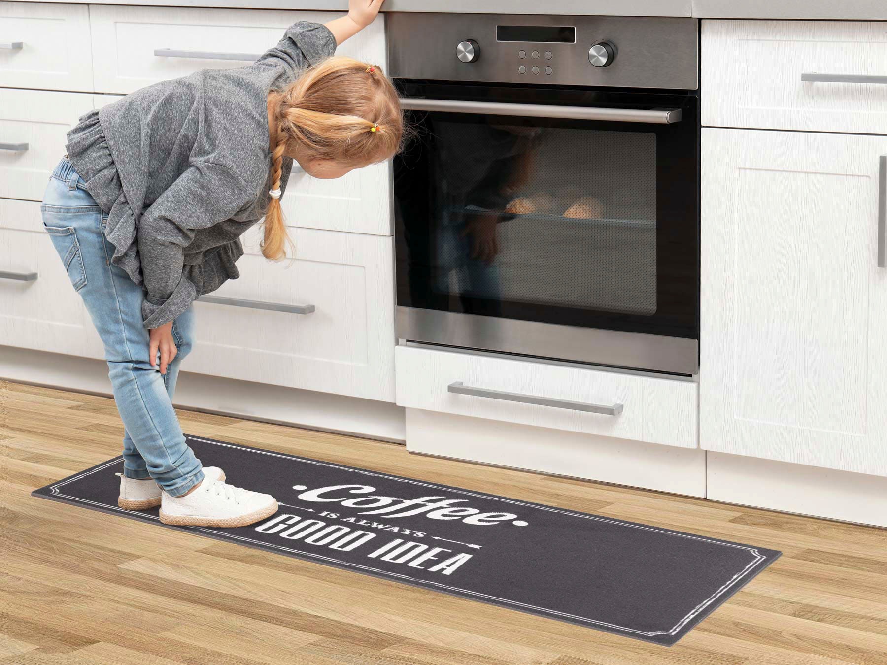 Primaflor-Ideen in Textil Küchenläufer »GOOD IDEA, Made in Belgium«, rechteckig, 6,5 mm Höhe, mit Schriftzug, rutschhemmend, waschbar, Küche