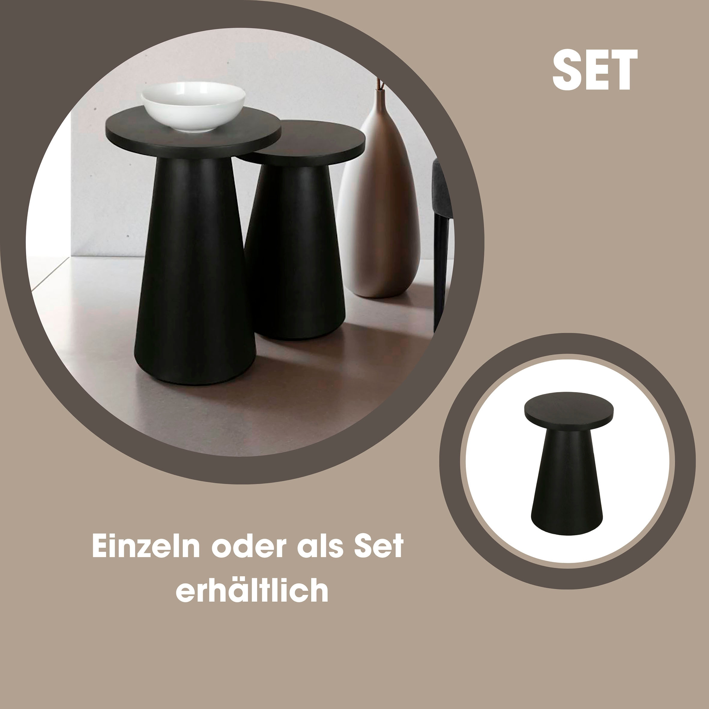byLIVING Beistelltisch »Cone«, (Set), aus Massivholz in schwarz oder white wash, verschiedenen Größen