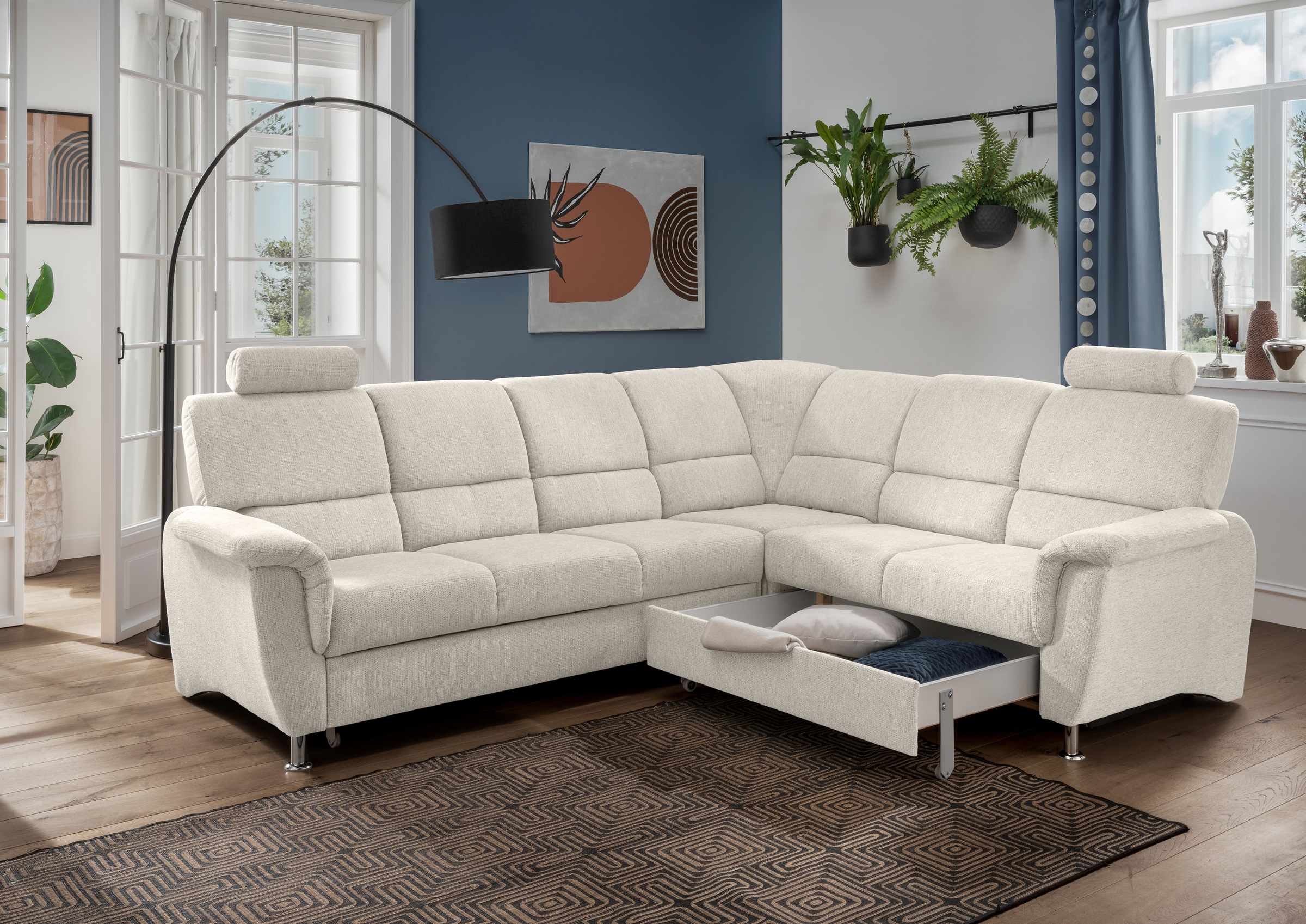 Home affaire Ecksofa »Pisa L-Form, mit Schlaffunktion, Stauraum, 2x höhenverstellbare«, Kopfstützen und Relaxfunktion im Eckelement