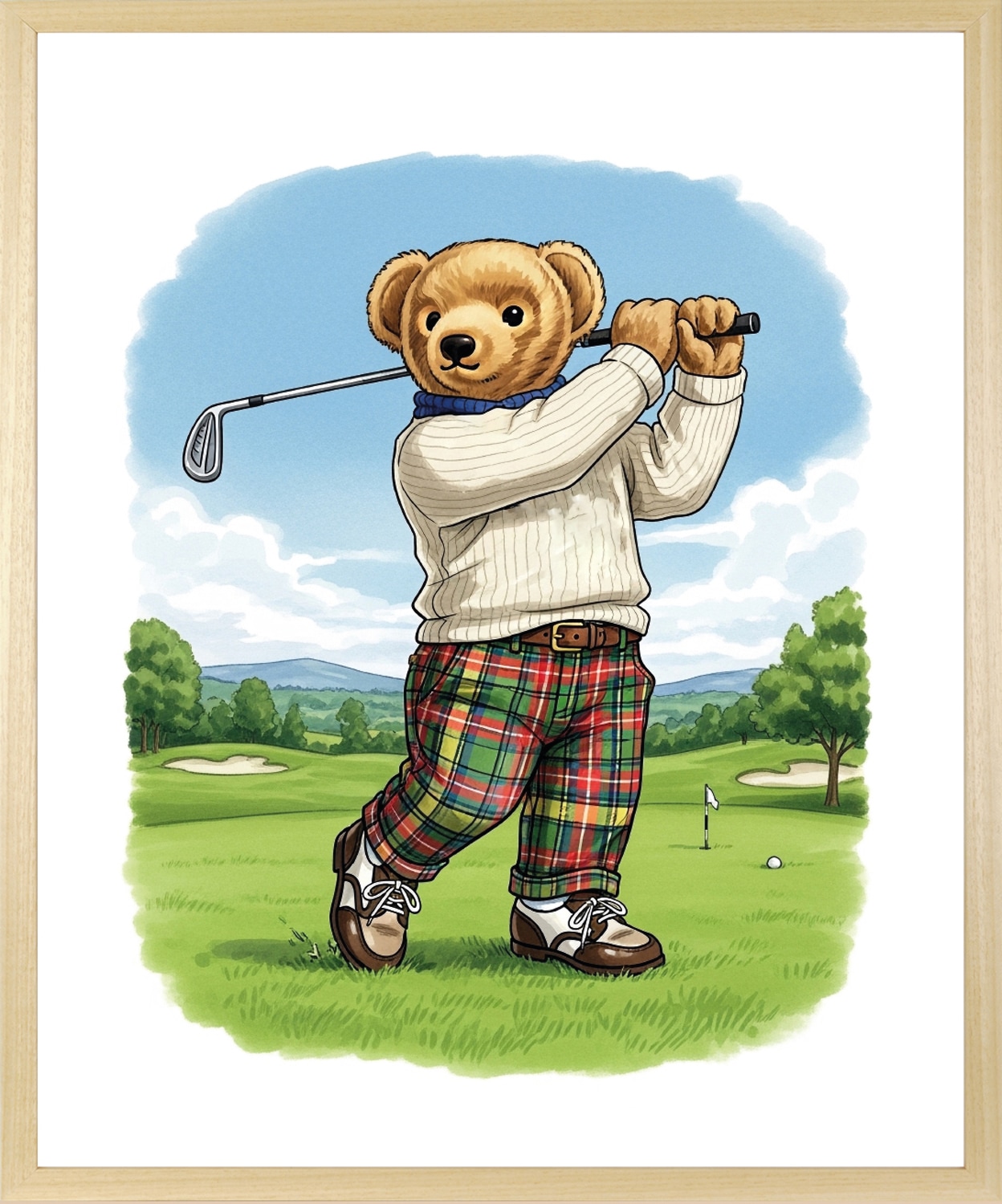 queence Bild mit Rahmen »Vintage Teddy Bär in Golf Club« Bär | Bären | Fashion | Figuren | Mode | Modebilder HD Premium Poster-Druck inkl. Echtholzrahmen in beige