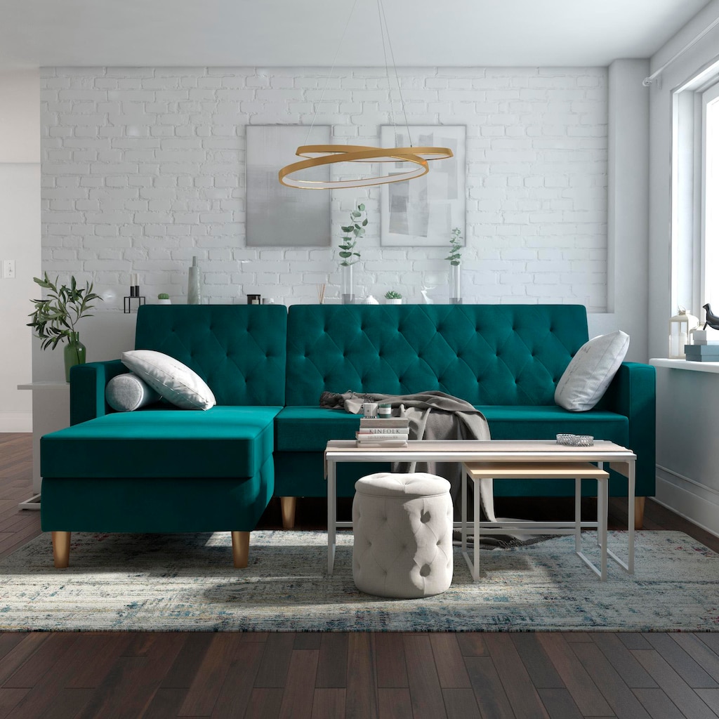 Cosmo Living Ecksofa »Liberty«, mit Schlafffunktion, Recamiere mit Stauraum beidseitig montierbar