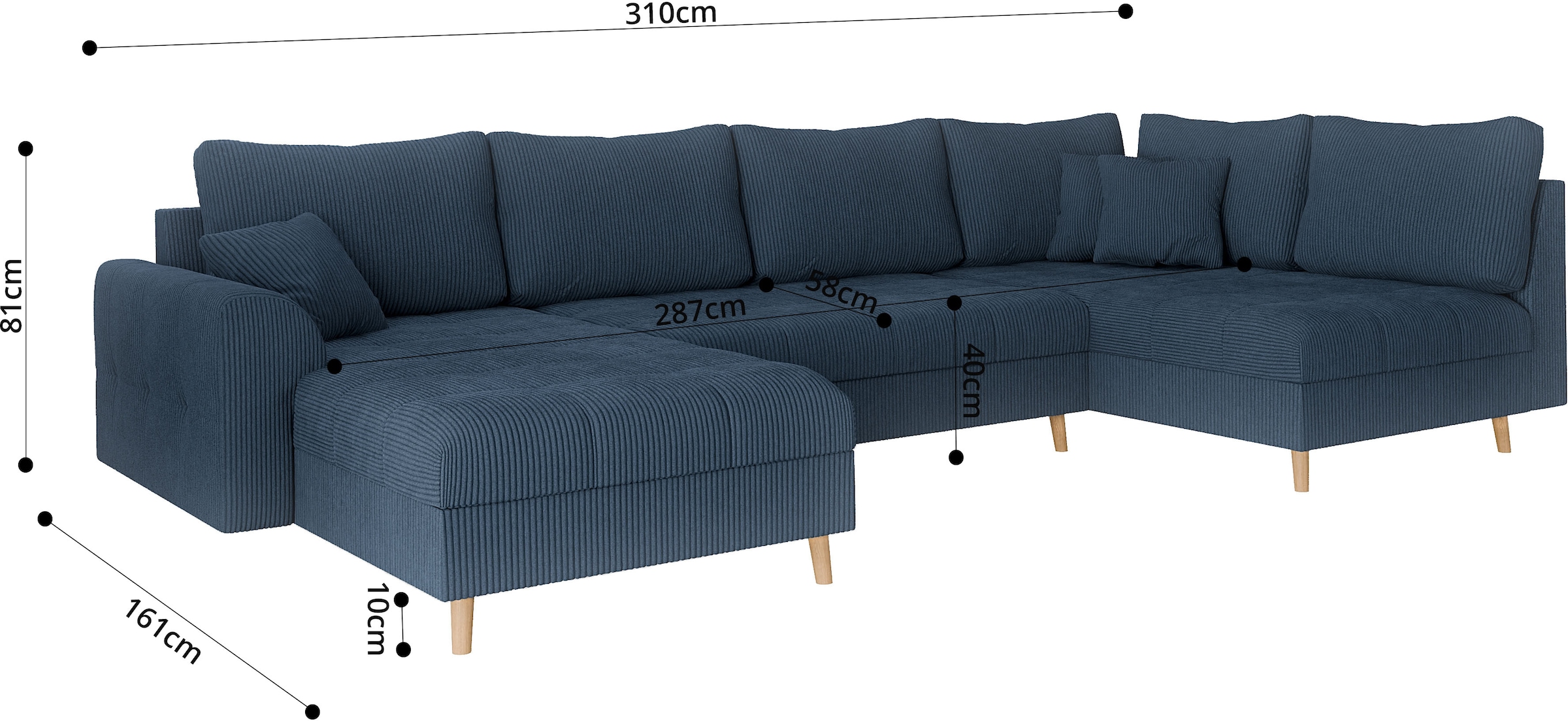 Home affaire Wohnlandschaft »CHARRE U-Form mit Ottomane, Maße B/T/H: 310/161/81 cm«, feine Steppung, lose Rücken- und Zierkissen, auch in Cord und Bouclé