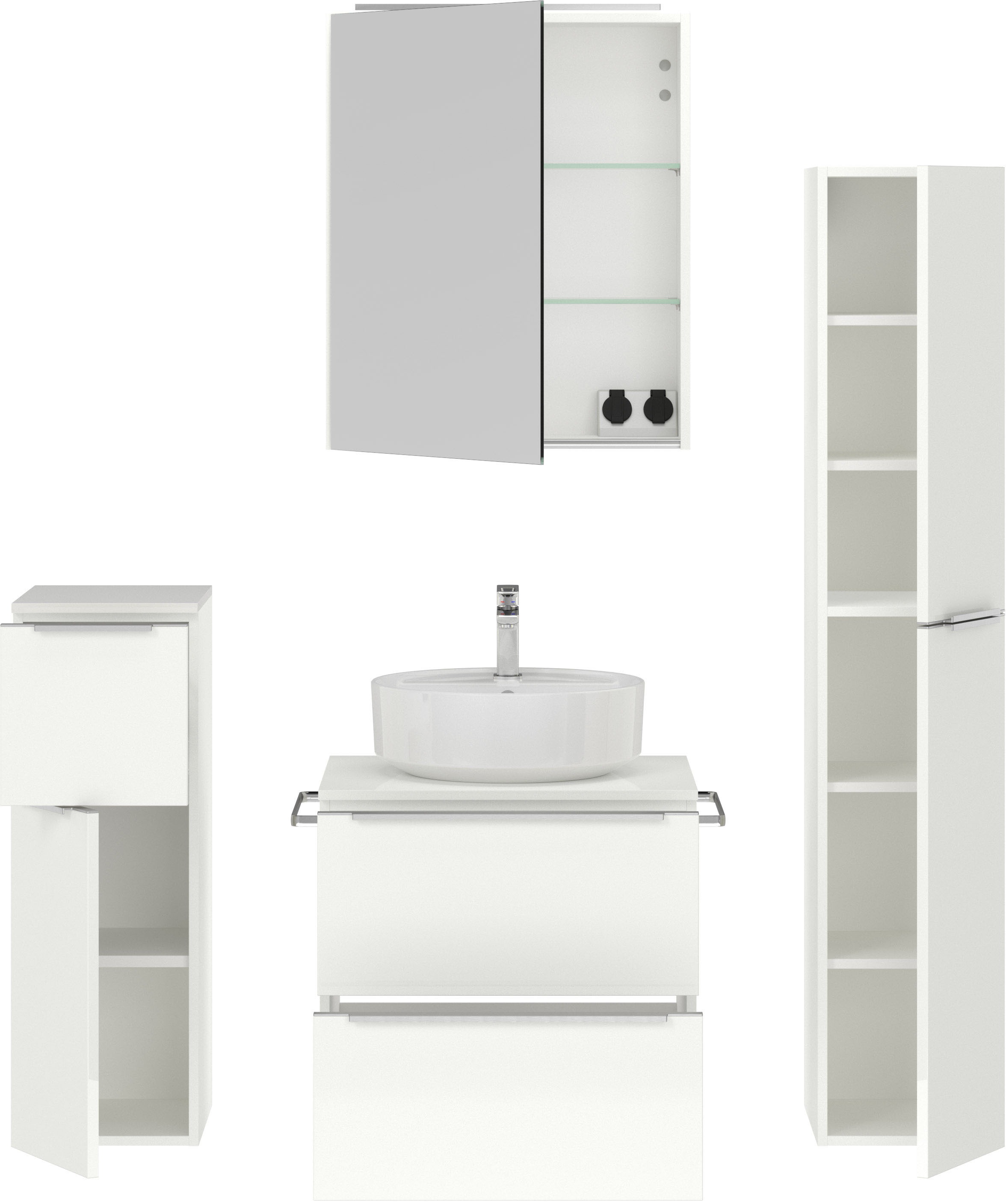 nobilia® Badmöbel-Set »Alvene«, (4 St., vormontiert, mit Soft-Close), inkl. Spiegelschrank mit Beleuchtung und Dimmerfunktion, in 4 Breiten