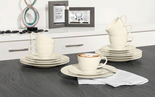 Seltmann Weiden Kaffeeservice »Geschirr-Set, Service Zoè«, (Set, 18 tlg., 6x Kaffeeobertasse, 6x Kombi-Untertasse groß, 6x Frühstücksteller rund), Tassen, Teller, Untertassen, Made in Germany, 18 Teile, für 6 Personen