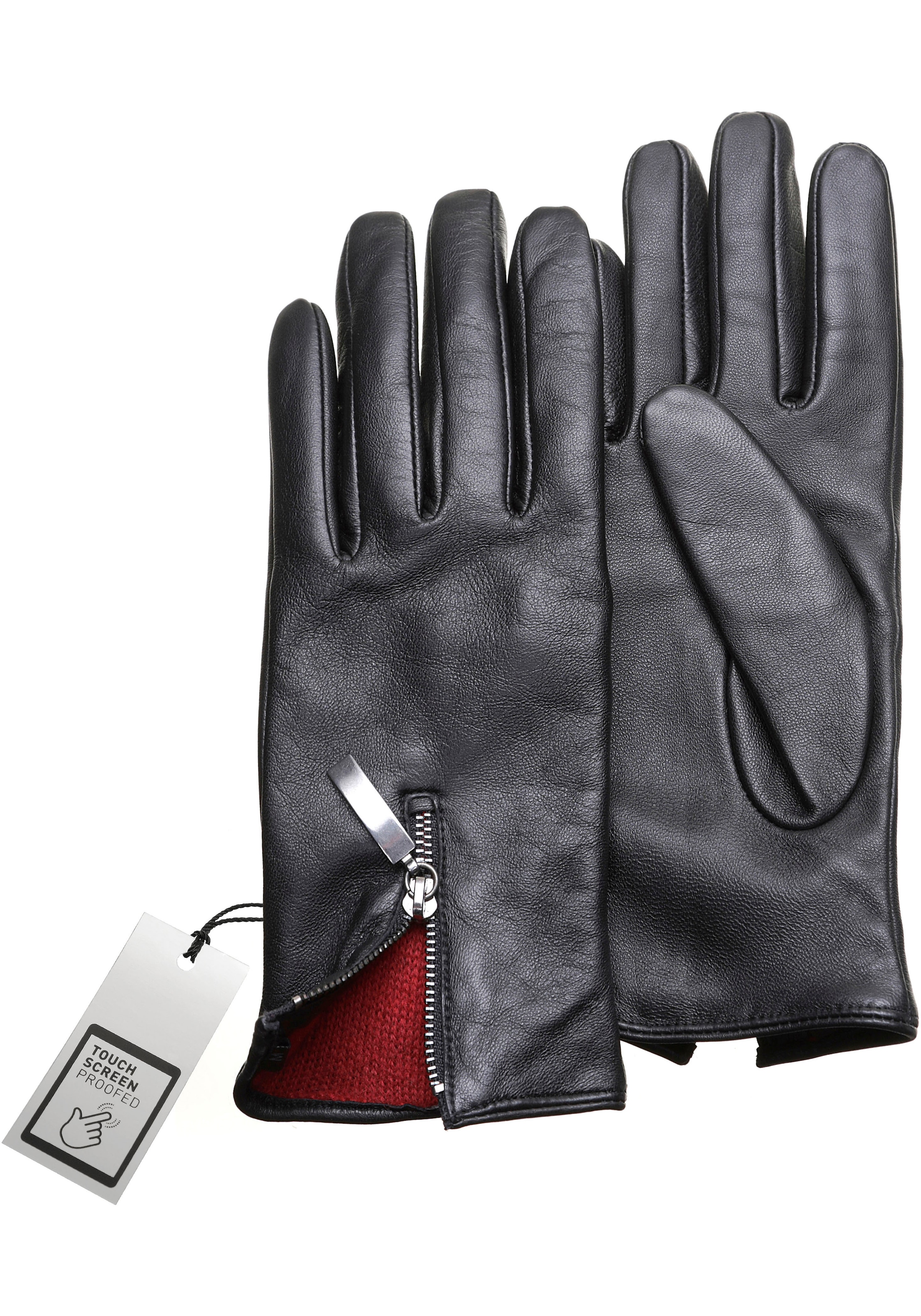 Zipper mit online Handrücken Glattleder, PEARLWOOD bestellen Lederhandschuhe, auf Innenfutter, farbigem dem