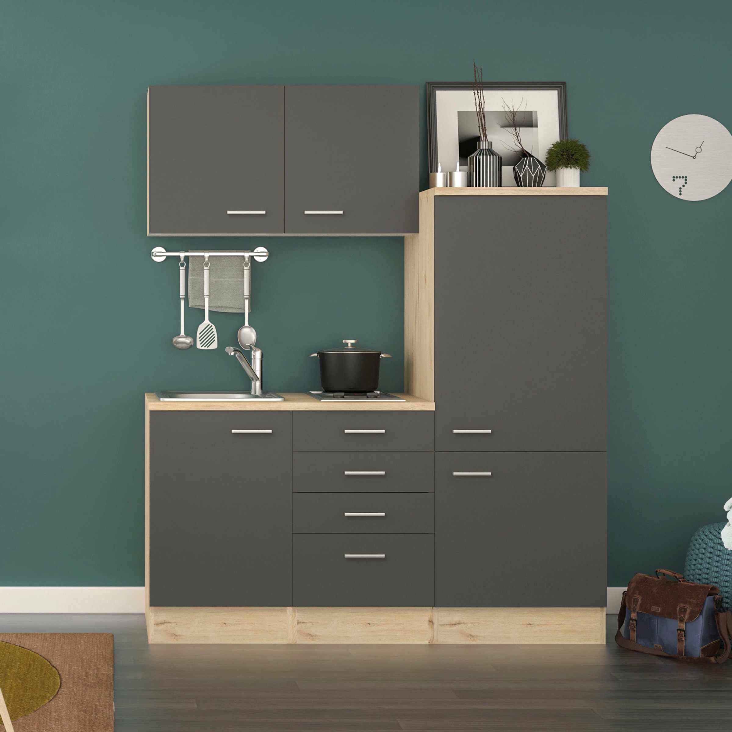 Flex-Well Küchenzeile »Morena«, Gesamtbreite 160 cm, mit Einbau-Kühlschrank, Kochfeld und Spüle, etc.
