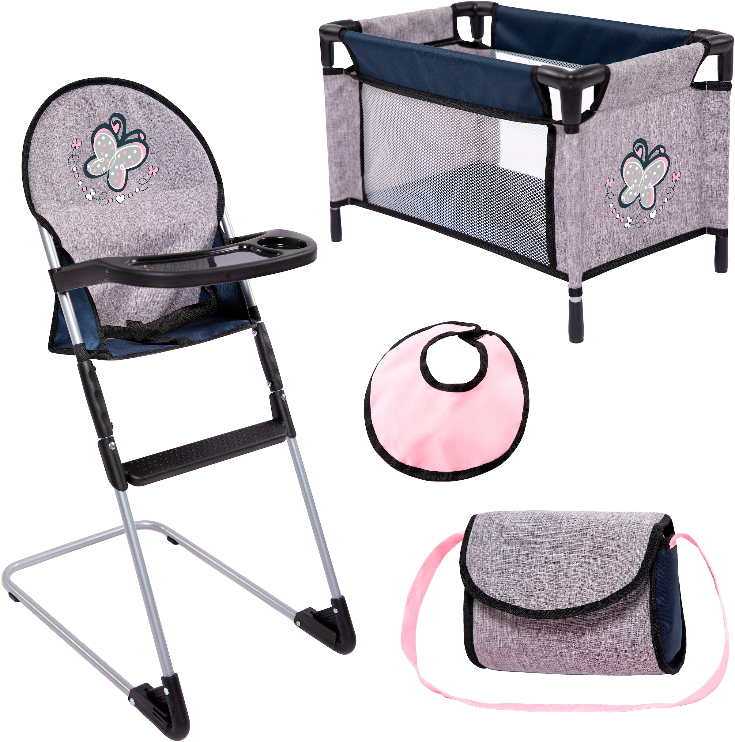 Bayer Puppenbett »Puppen-Reise-Set« inklusive Hochstuhl, Lätzchen und Umhängetasche