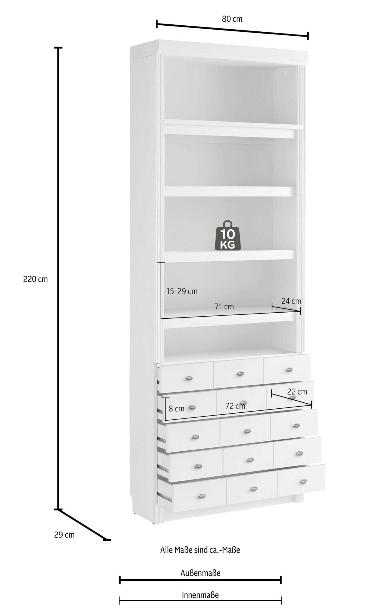 Home affaire Bücherregal »Soeren Regal mit 5 breiten Schubkästen in geteilter Optik« T/H: 80/29/220 cm, Kiefer FSC®-zertifiziert, elegante Metallgriffe