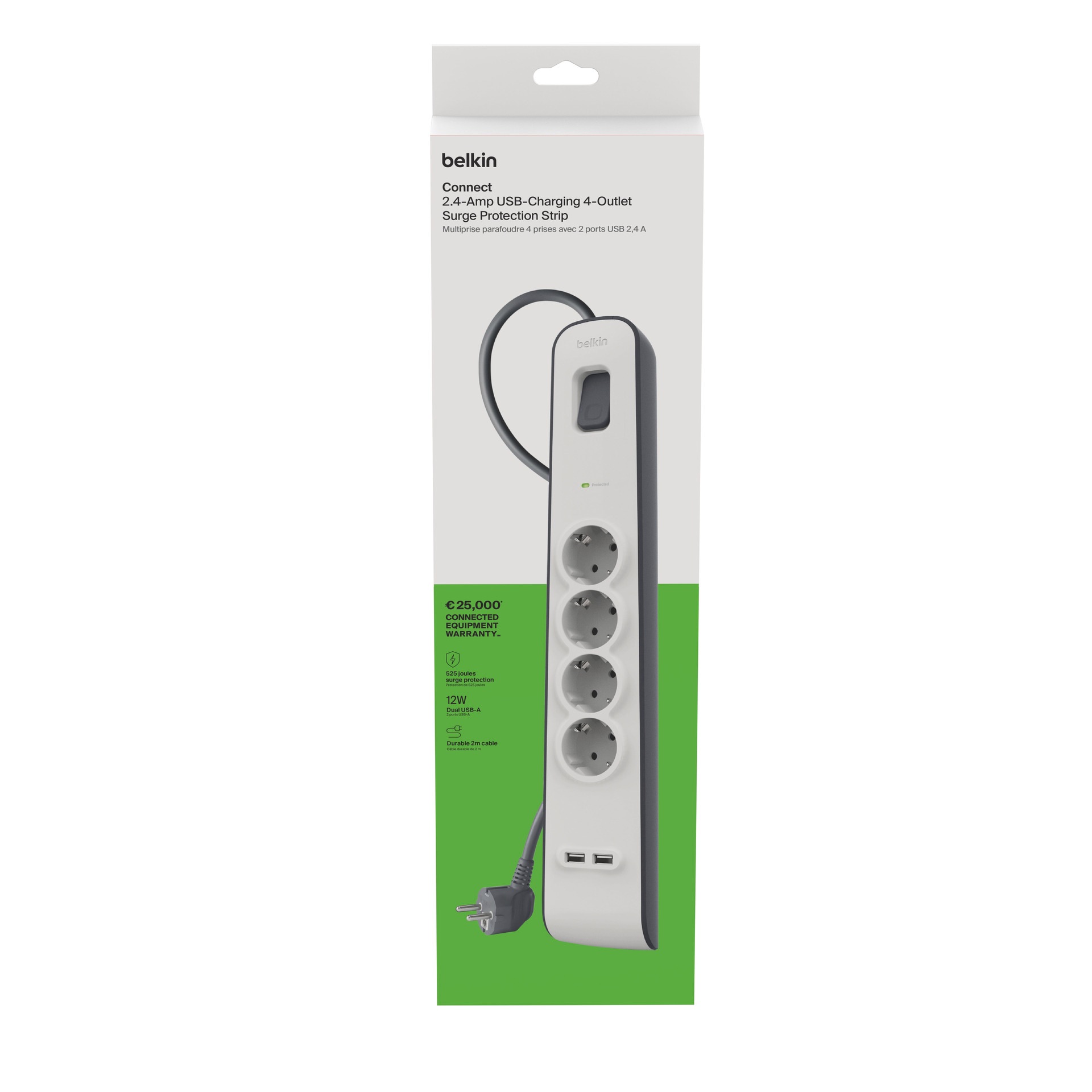 Belkin Steckdosenleiste »4fach-Steckdosenleiste mit Überspannungsschutz, 2-m-Kabel und USB-A«, 4-fach, (Ein- / Ausschalter Überspannungsschutz Kabellänge 2 m), 2 USB-Anschlüsse mit maximal 2,4 A