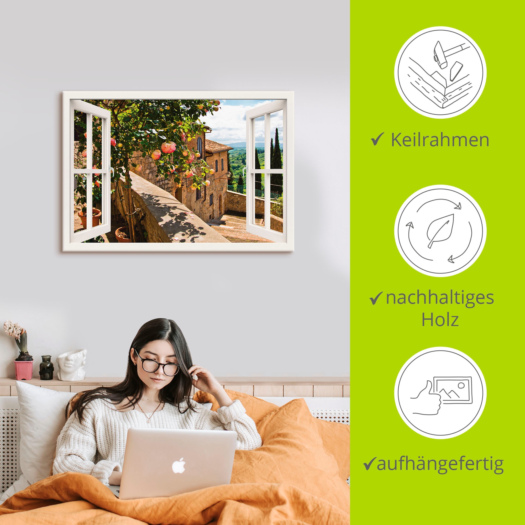 Artland Wandbild »Fensterblick Rosen auf Balkon Toskana«, Garten, (1 St.), als Alubild, Outdoorbild, Leinwandbild, Poster, Wandaufkleber