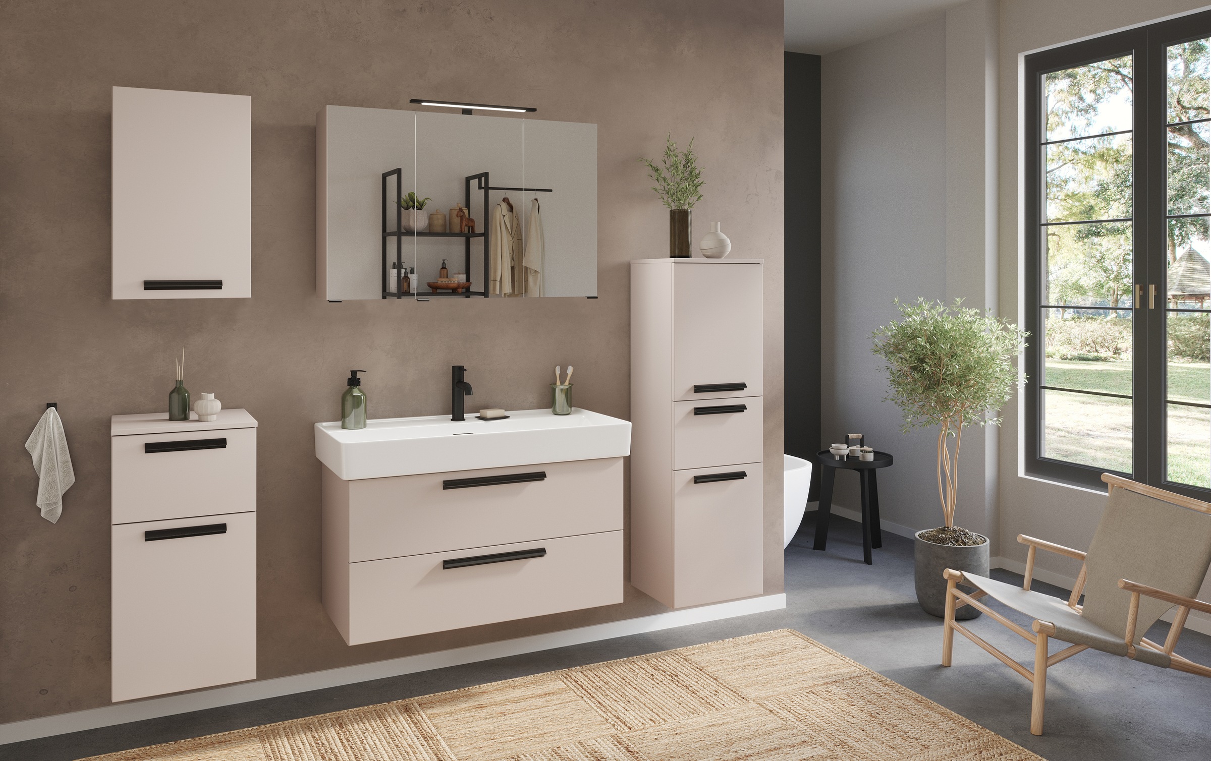 welltime Badmöbel-Set »SALVADA, 3tlg-Set, gedämpfte Scharniere, Softclose, Keramikbecken« Maße (B/T/H): 140/47,5/200 cm, 