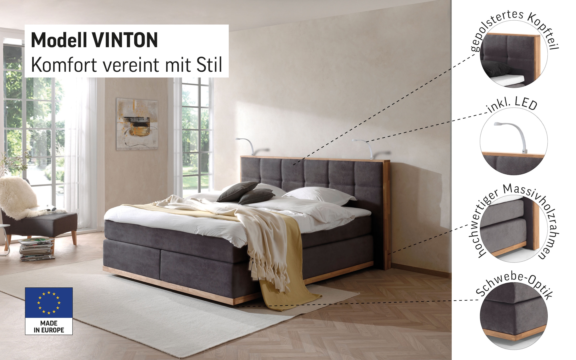 Places of Style Boxspringbett Vinton, mit LED-Beleuchtung, Massivholzrahmen, verschiedene Härtegrade auswählbar
