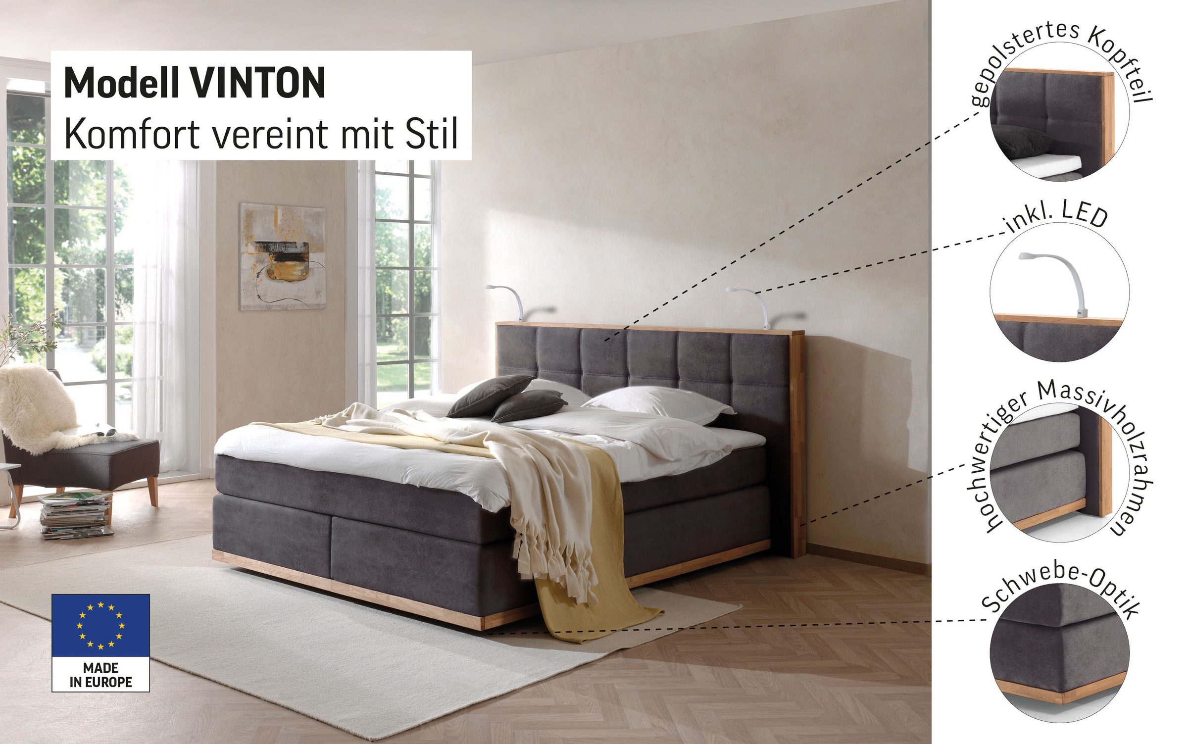 Places of Style Boxspringbett Vinton, mit LED-Beleuchtung, Massivholzrahmen günstig online kaufen