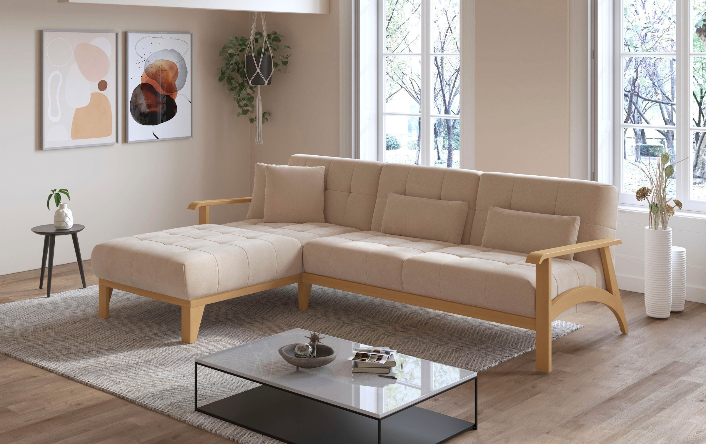 sit&more Ecksofa »Billund L-Form«, Armlehnen aus eichefarbigem Buchenholz, verschiedene Bezüge und Farben