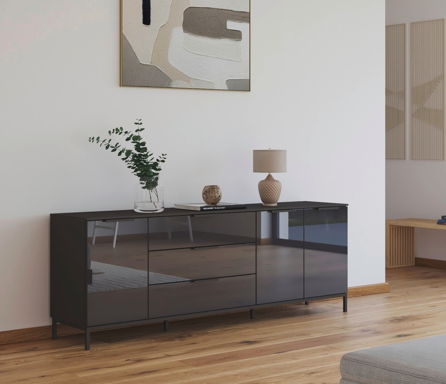 rauch Kombikommode »Kommode Türkommode Sideboard Kombikommode FLIPP mit Glasfront«, (Breite 200 cm mit 2 Einlegeböden), 3-türig mit 3 Schubladen und Soft-Close-Funktion sowie Glasfront