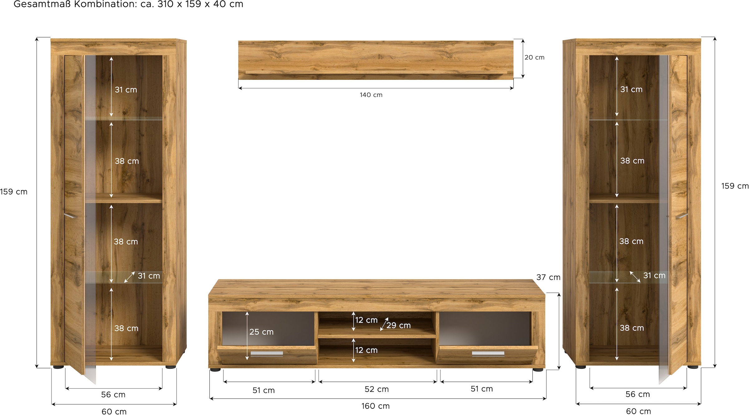 INOSIGN Wohnwand »Aosta, Breite 310cm, best. aus: 2x Vitrine, Lowboard, Wandboard«, Wohnwand, Kombination, Anbauwand, Möbel Set, Schrankwand, Möbel Kombi