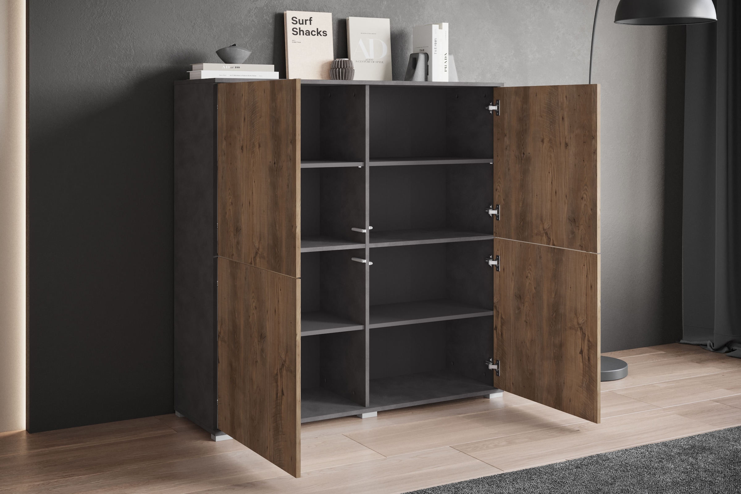 INOSIGN Highboard »Kenia, moderne grifflose Hochkommode mit 4 Türen, Breite 120 cm«, (1 St.), Push-to-Open-Fronten, höhenverstellbaren Einlegeböden
