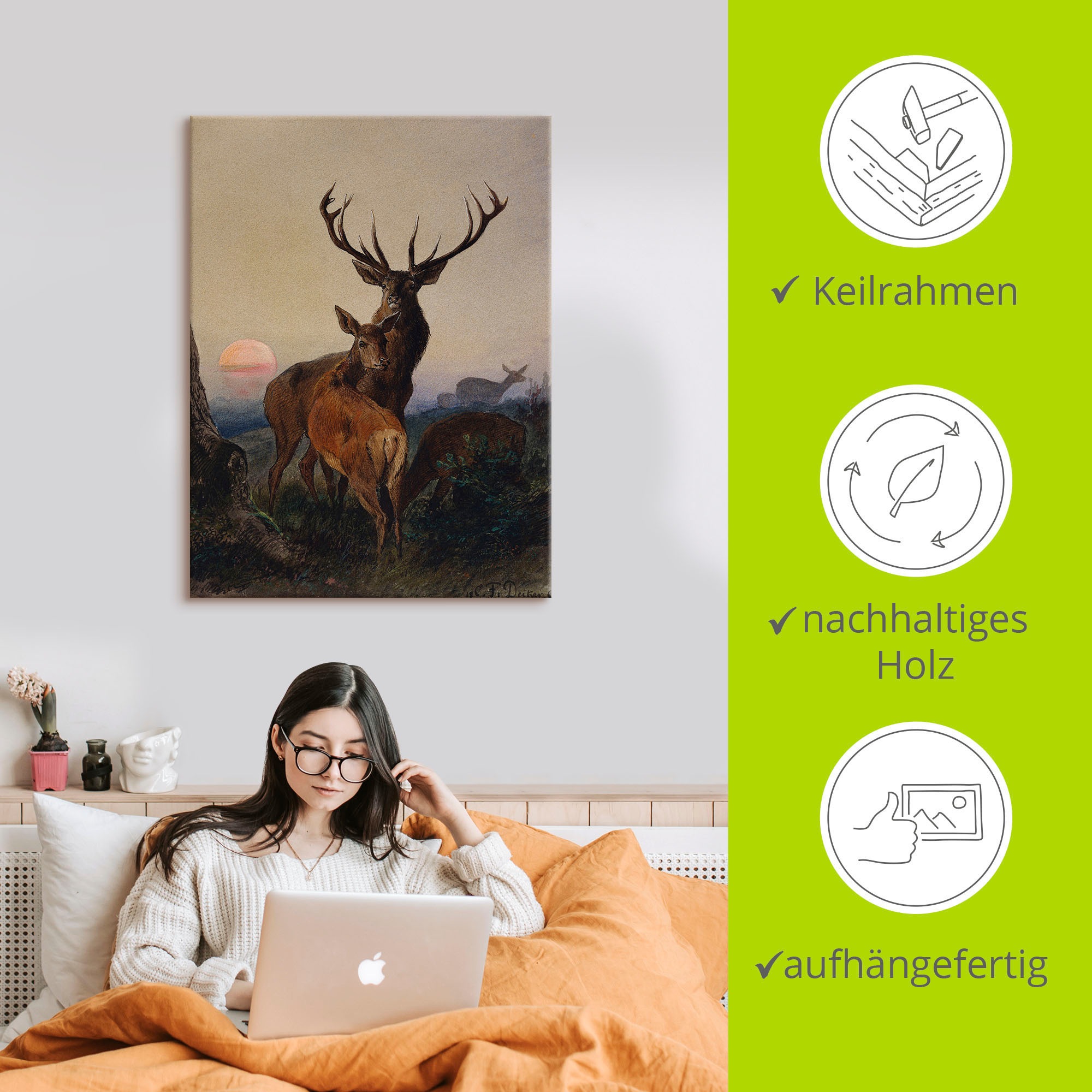 Artland Wandbild »Hirsch und ein Reh bei Sonnenuntergang«, Wildtiere, (1 St.), als Leinwandbild, Poster, Wandaufkleber in verschied. Größen