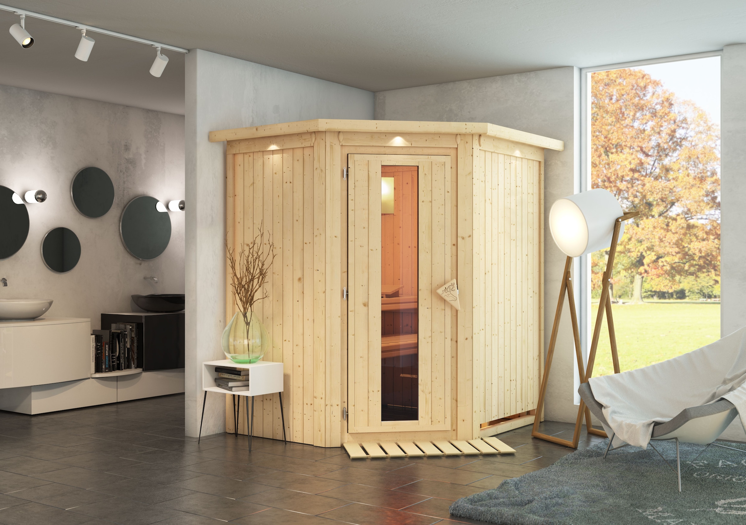 Karibu Sauna »»Liyah« mit Energiespartür Kranz naturbelassen« in verschiede günstig online kaufen