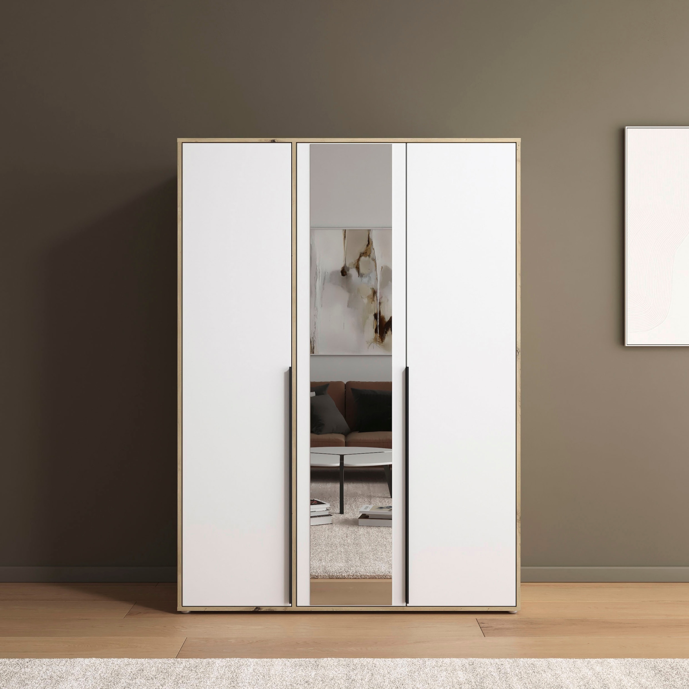 rauch Drehtürenschrank »Kleiderschrank Schrank Garderobe Wäscheschrank NAGATA mit Spiegel«, (in 3 verschiedenen Ausstattungen BASIC/CLASSIC/PREMIUM), und modernen Stangengriffen in Graumetallic TOPSELLER MADE IN GERMANY