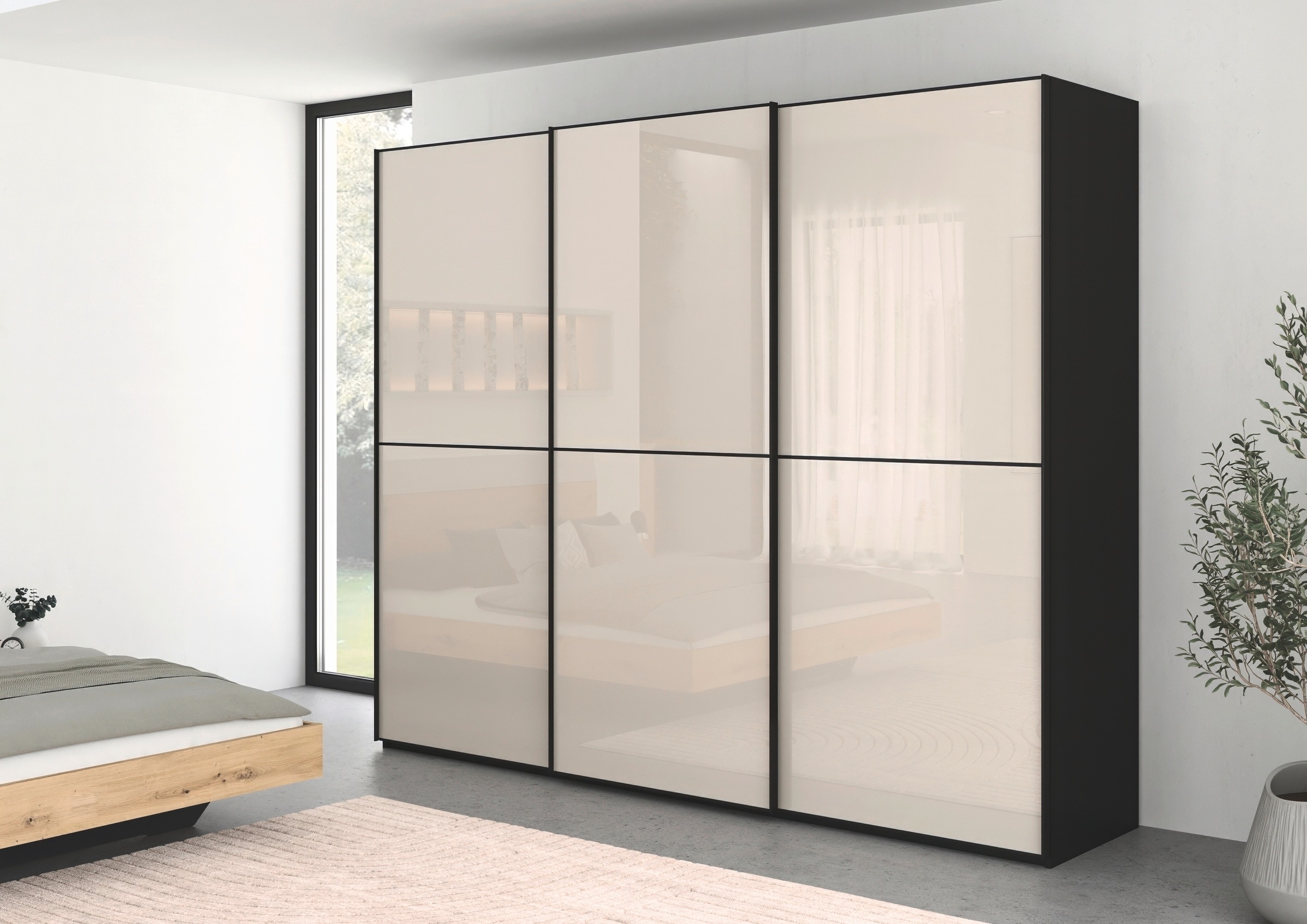 rauch Schwebetürenschrank »Kleiderschrank Schrank Garderobe Schlafzimmerschrank SCALE-DUO«, edle zweigeteilte Türen Glas-Front mit 3 Zierleisten MADE IN GERMANY