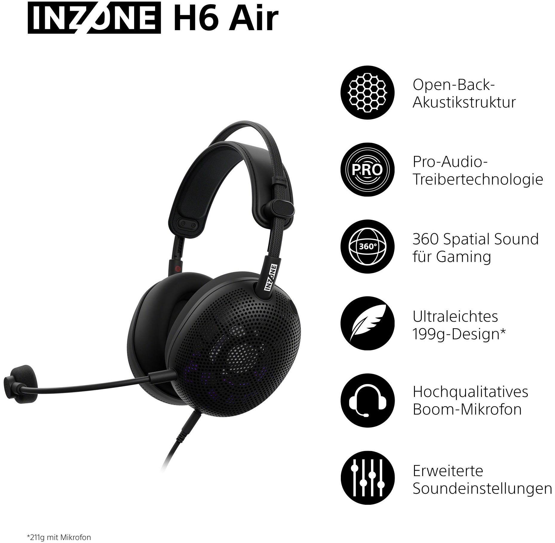 Sony Gaming-Headset »INZONE H6 Air« Stummschaltung 360 Spatial Sound, leichtes 199-g-Design, abnehmbares Bügelmikrofon