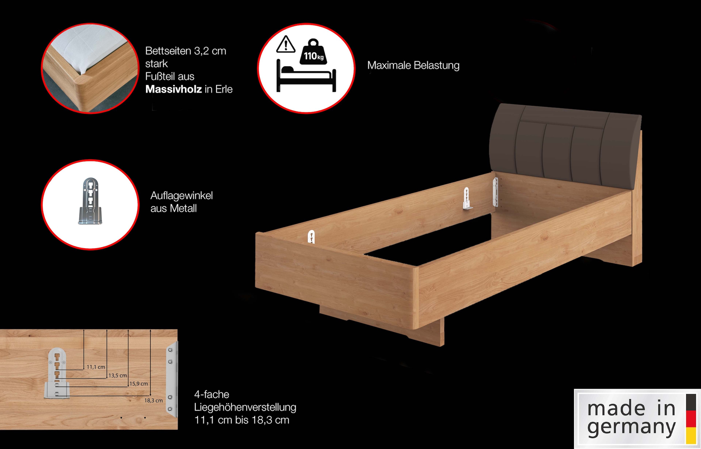 WIEMANN Holzbett »Cardiff, Bettgestell, Bettrahmen, teilmassiv, mit Polsterkopfteil«, (Belastbarkeit 110/220 Kg, 4-fache höhenverstellbar, MADE IN GERMANY), Fußteil aus Massivholz, verschiedene Größen