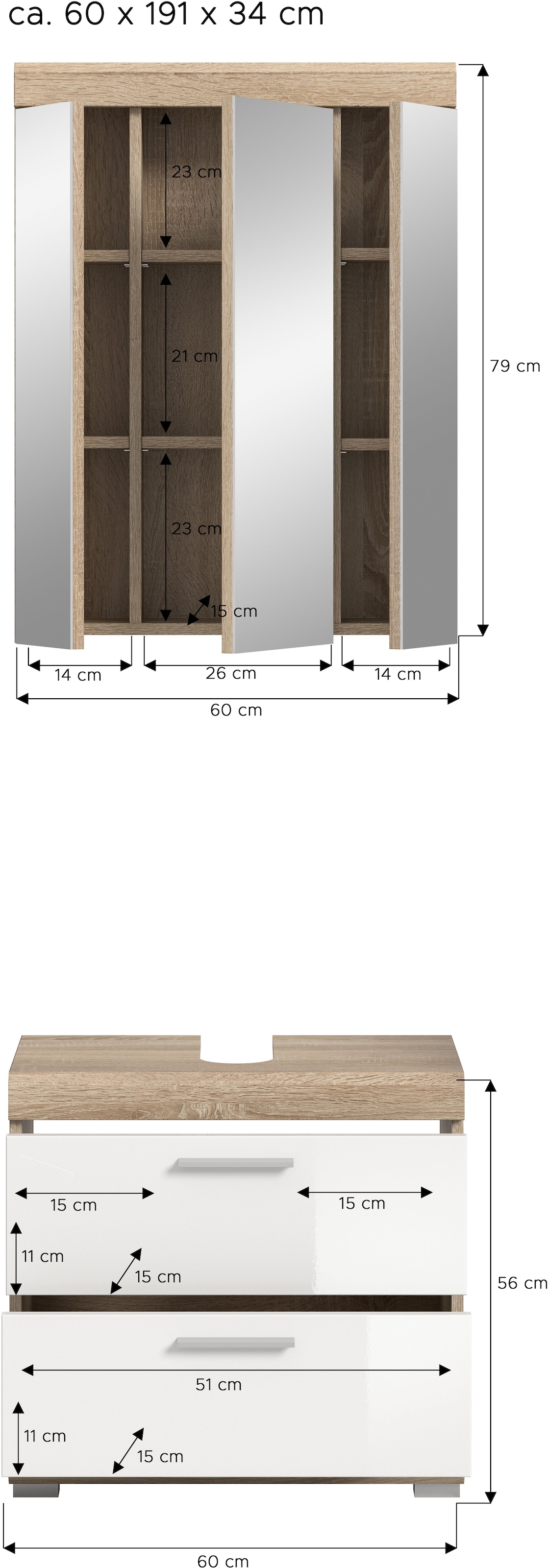 INOSIGN Badmöbel-Set »Siena, 2 tlg., bestehend aus: Waschbeckenunterschrank, Spiegelschrank«, (Set), in verschiedenen Farben erhältlich, Badmöbel, Kombination, Badezimmer