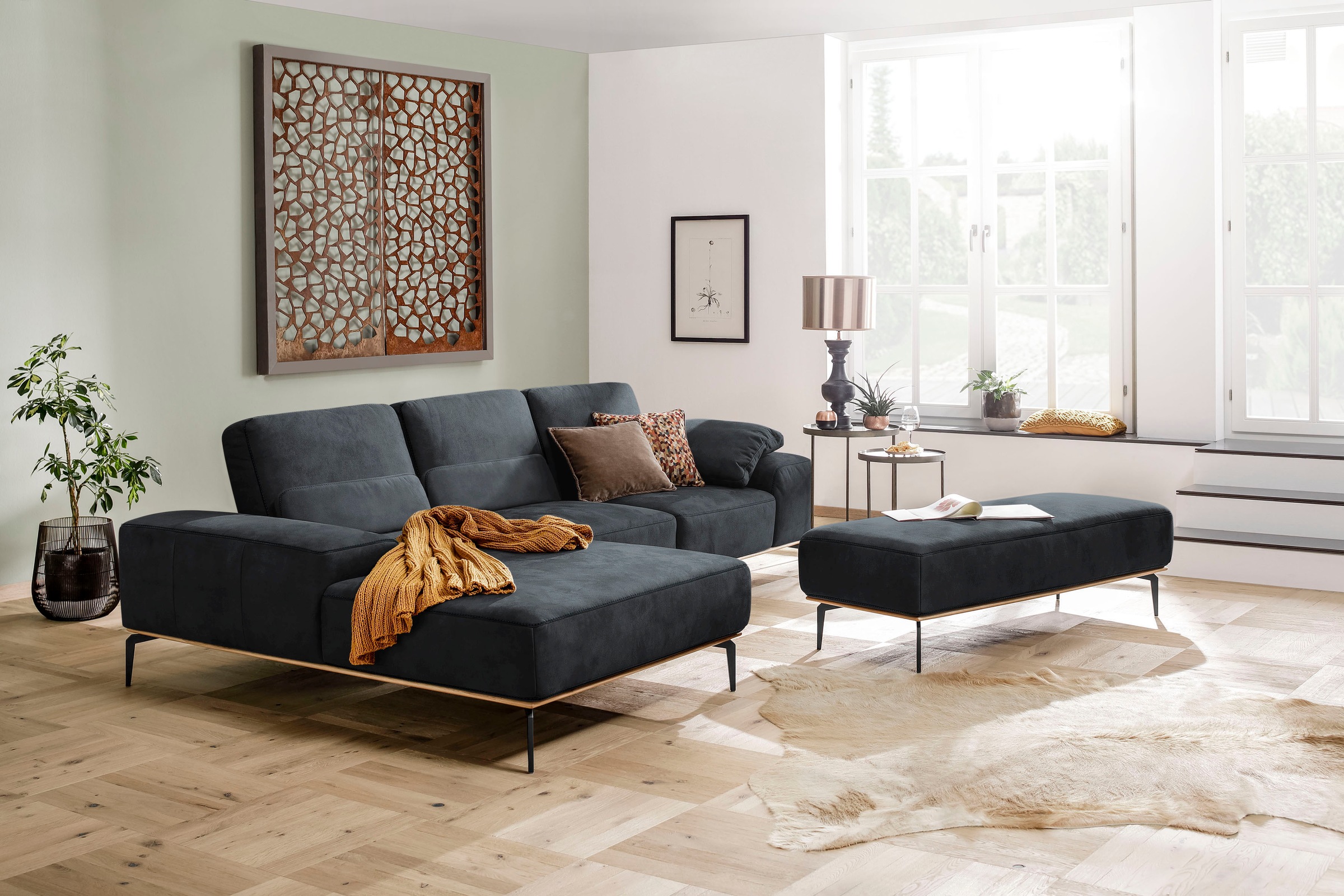 W.SCHILLIG Ecksofa »run, Designsofa mit tollem Sitzkomfort, bequem, L-Form«, mit Holzsockel, Füße in Schwarz pulverbeschichtet, Breite 299 cm