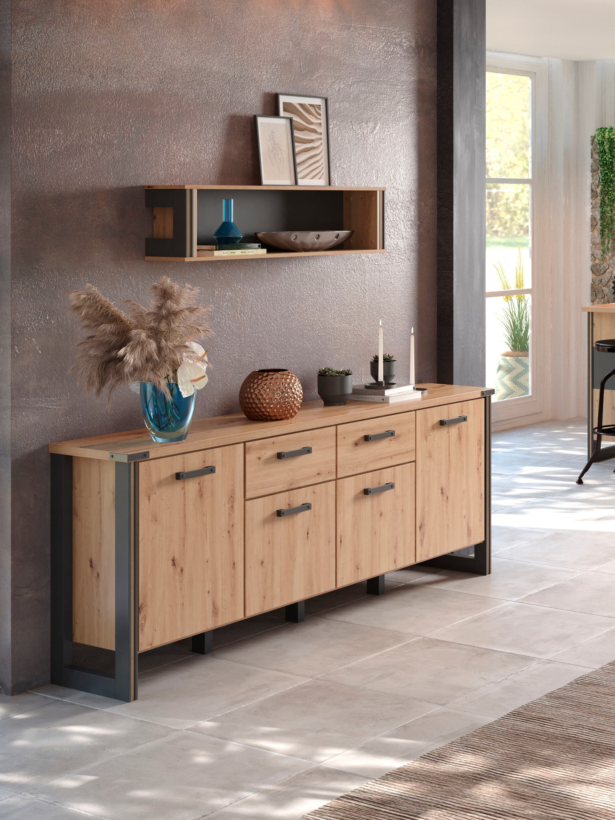 Home affaire Sideboard »Mia« 1 Stk. tlg. Echtholzoptik, Eiche, 207 cm breiter Schrank