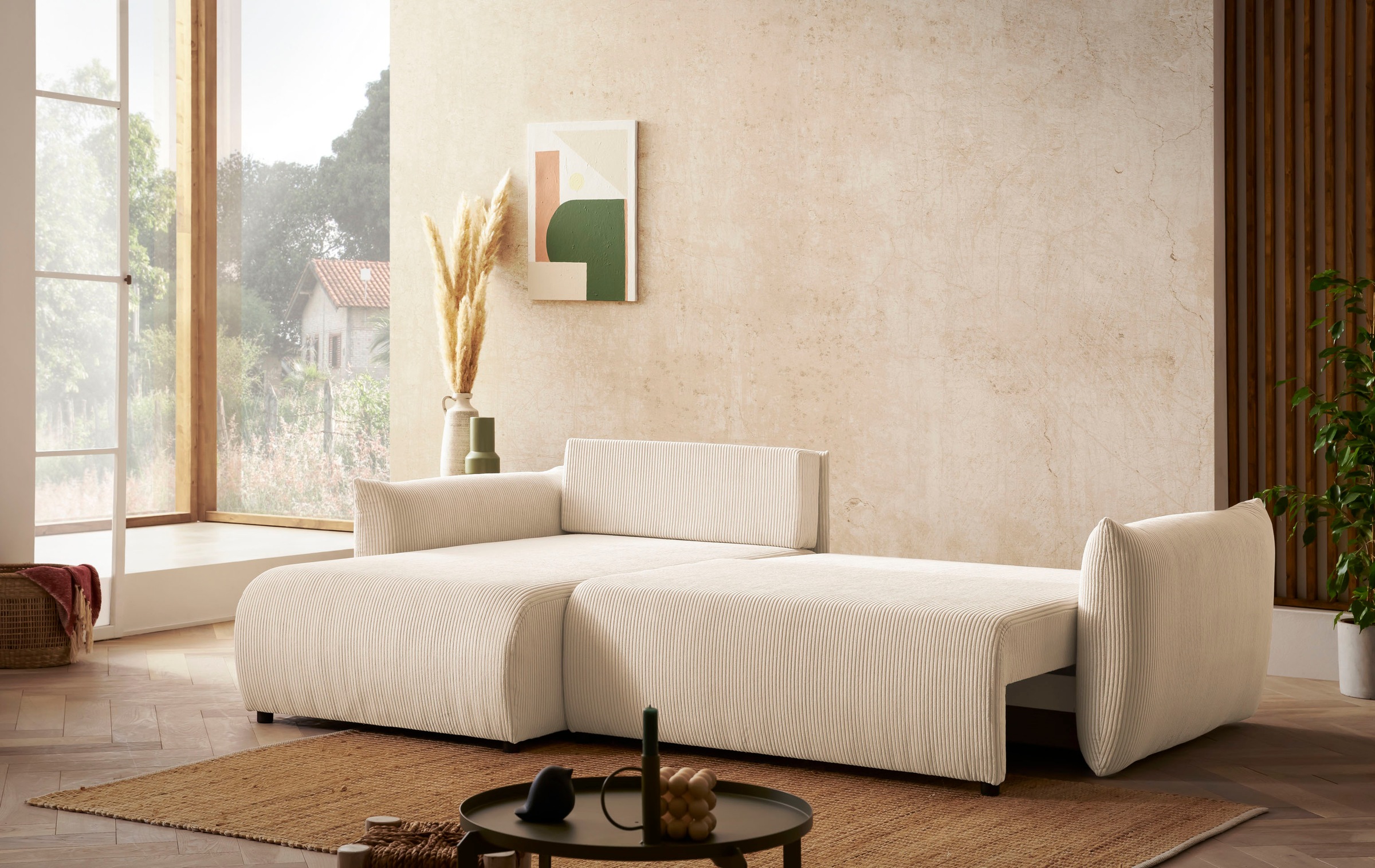 INOSIGN Ecksofa »MAVAS Schlafsofa mit Bettkasten, L-Form,«, ca.257/127cm (Liegefläche 212/145 cm), Cord, Chenille, Struktur
