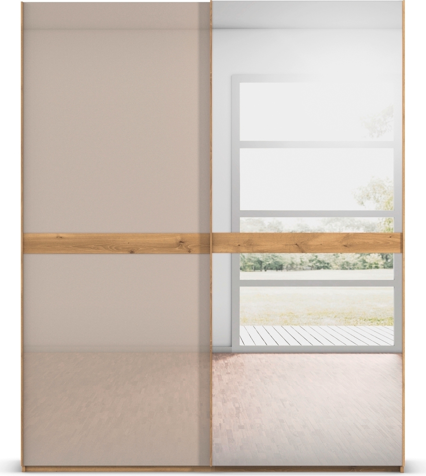rauch Schwebetürenschrank »Kleiderschrank Schrank Garderobe Schlafzimmerschrank SCALE-LINE«, edle Optik mit Bauchbinde mit Glas/Spiegel-Front MADE IN GERMANY