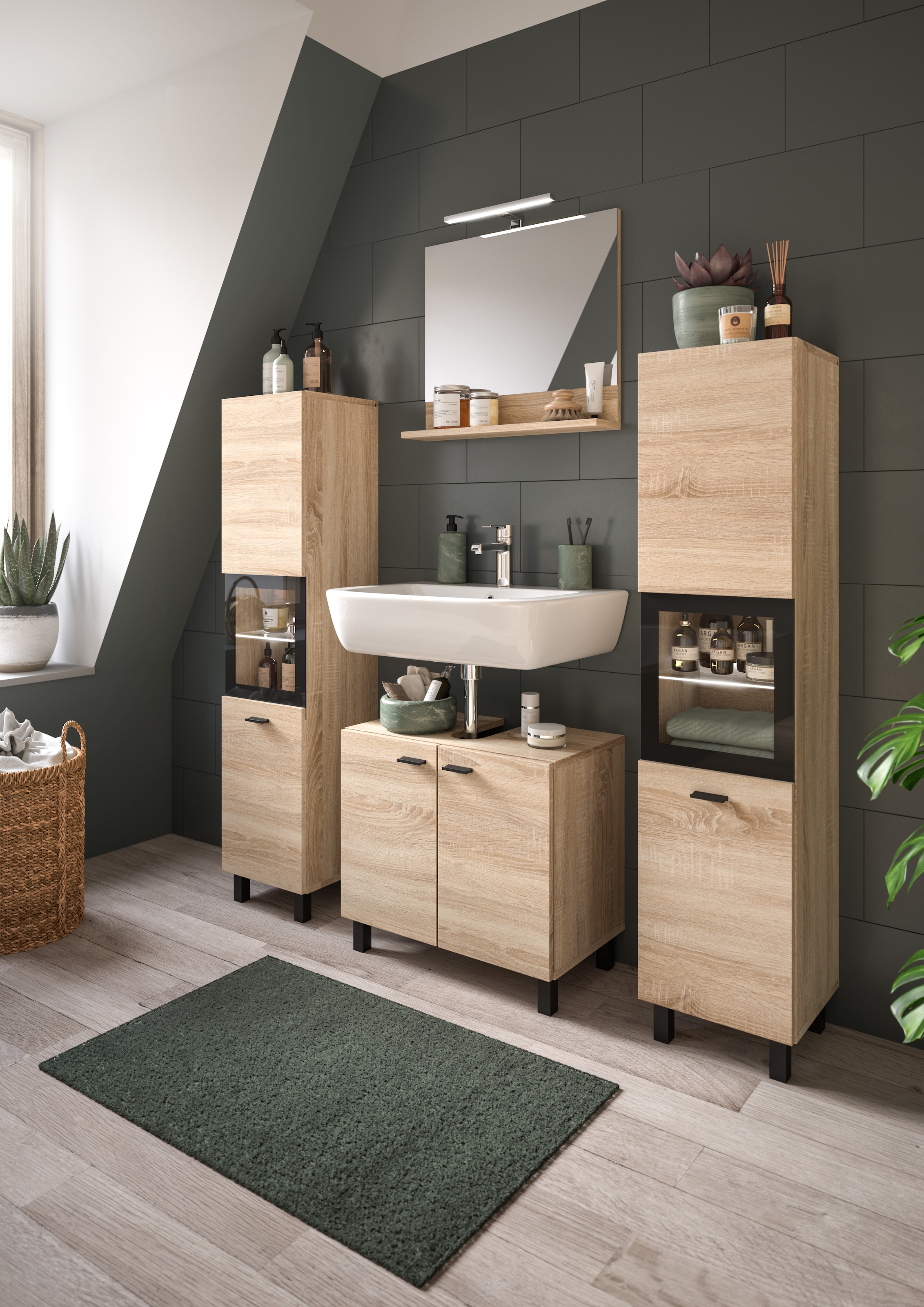 welltime Badmöbel-Set »Tampa, Breite 137cm, 4-teilig«, (4 St.), Waschbeckenunterschrank, Spiegel, Hochschrank