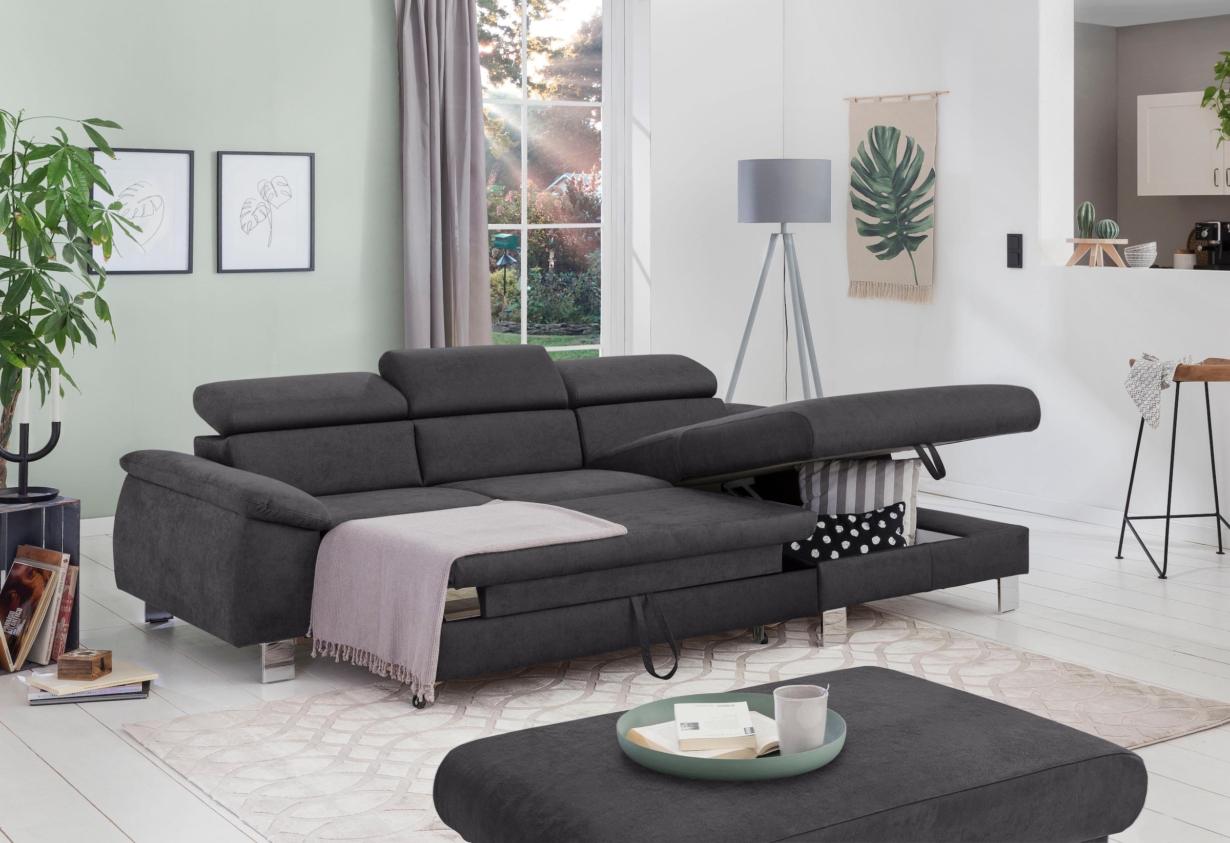 COTTA Ecksofa Komaris, Ecksofa, wahlweise mit RGB-LED-Beleuchtung und Bettfunktion/Bettkasten