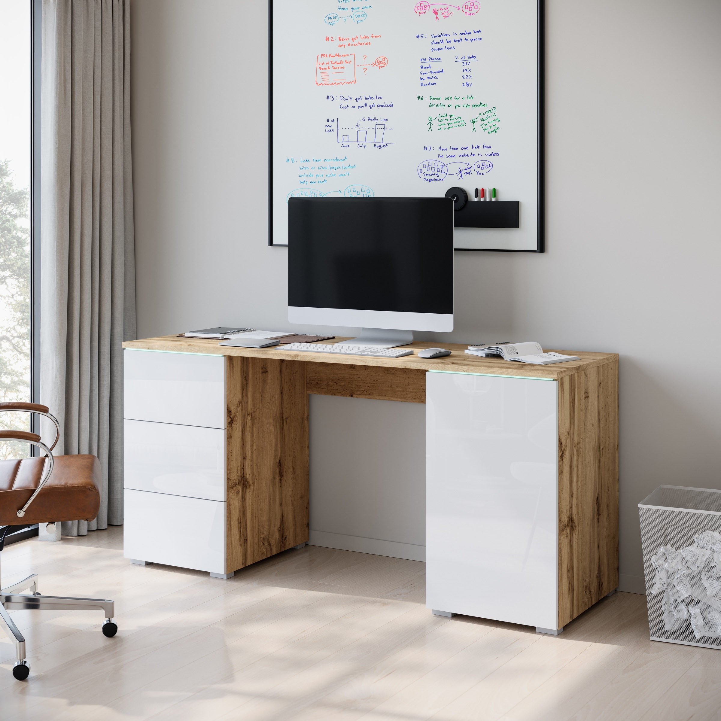 INOSIGN Schreibtisch »Vera«, (1 St.), Bürotisch mit LED, Push-to-Open, 3 Schubladen & Stauraum