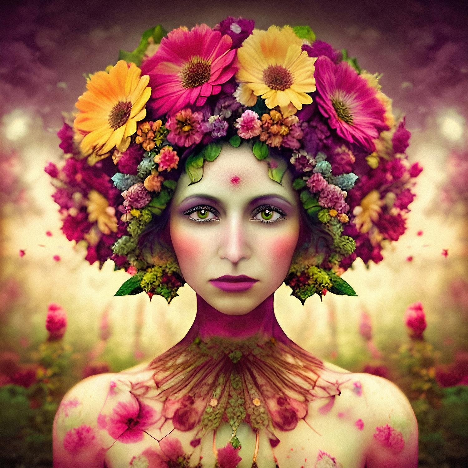 queence Acrylglasbild »Frau mit Blumenkranz«, Fantasy-Frau-Blumen-Blumenbilder, (1 St.), Kunst, knallige Farben, bunt