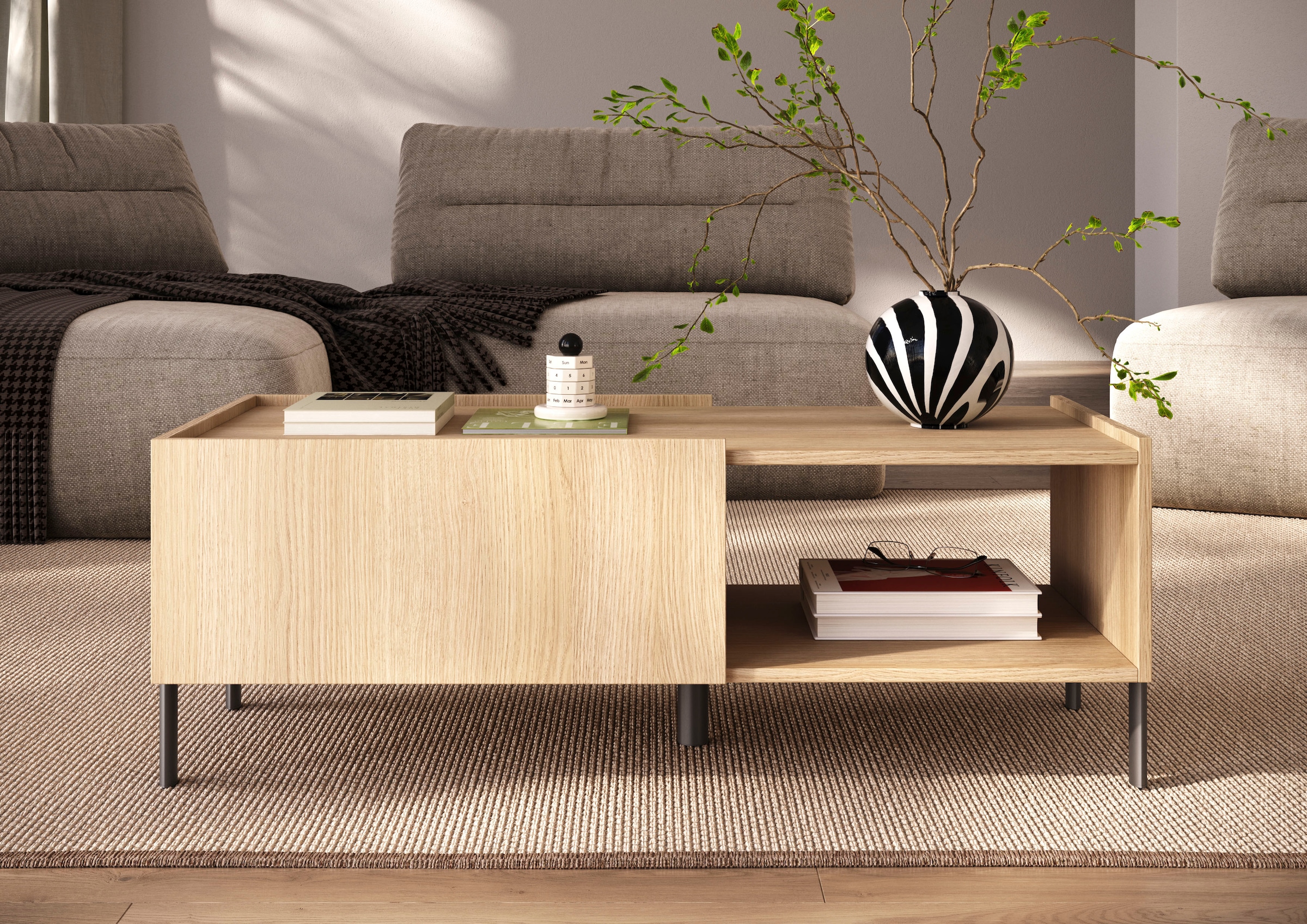 OTTO home Couchtisch »Badia 110x50 cm Korpus-Couchtisch, 2 Klappen, offenes Fach« Rechteckiger Wohnzimmertisch mit flexiblem Stauraum & Metallfüßen