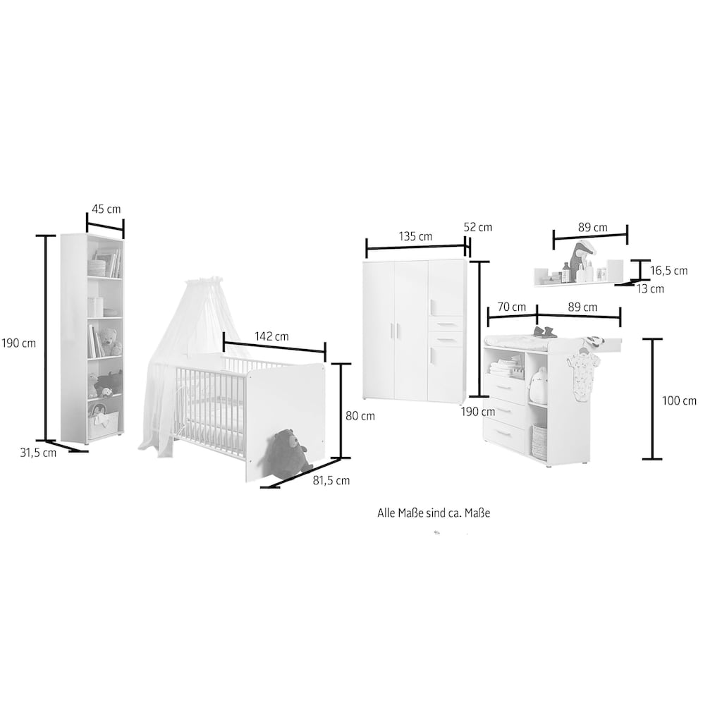 BMG Möbel Babyzimmer-Komplettset »Lea«, (Set, 5 St., Bett, Wickelkommode, Schrank, Standregal, Wandboard)