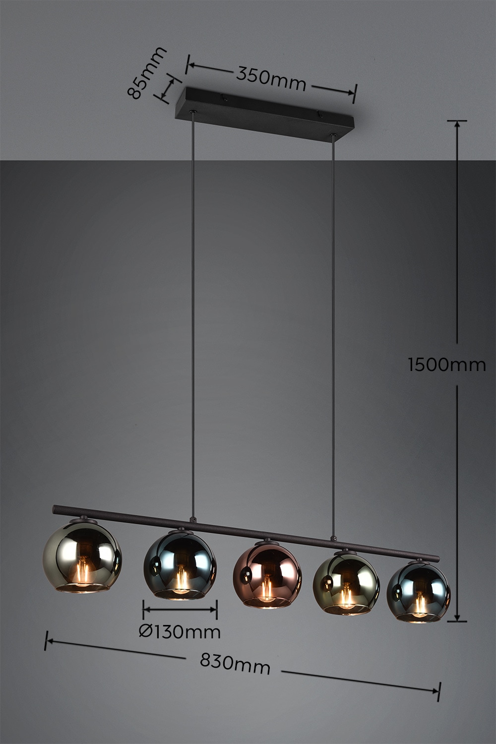 REALITY Leuchten Pendelleuchte »SHELDON, Hängelampe 5-flammig exkl 5x E14 max 10W höhenverstellbar«, 5 flammig, Leuchtmittel E14 | Leuchtmittel wechselbar, Metall Hängeleuchte mit bunten Glasschirmen Lampe Esszimmer Wohnzimmer