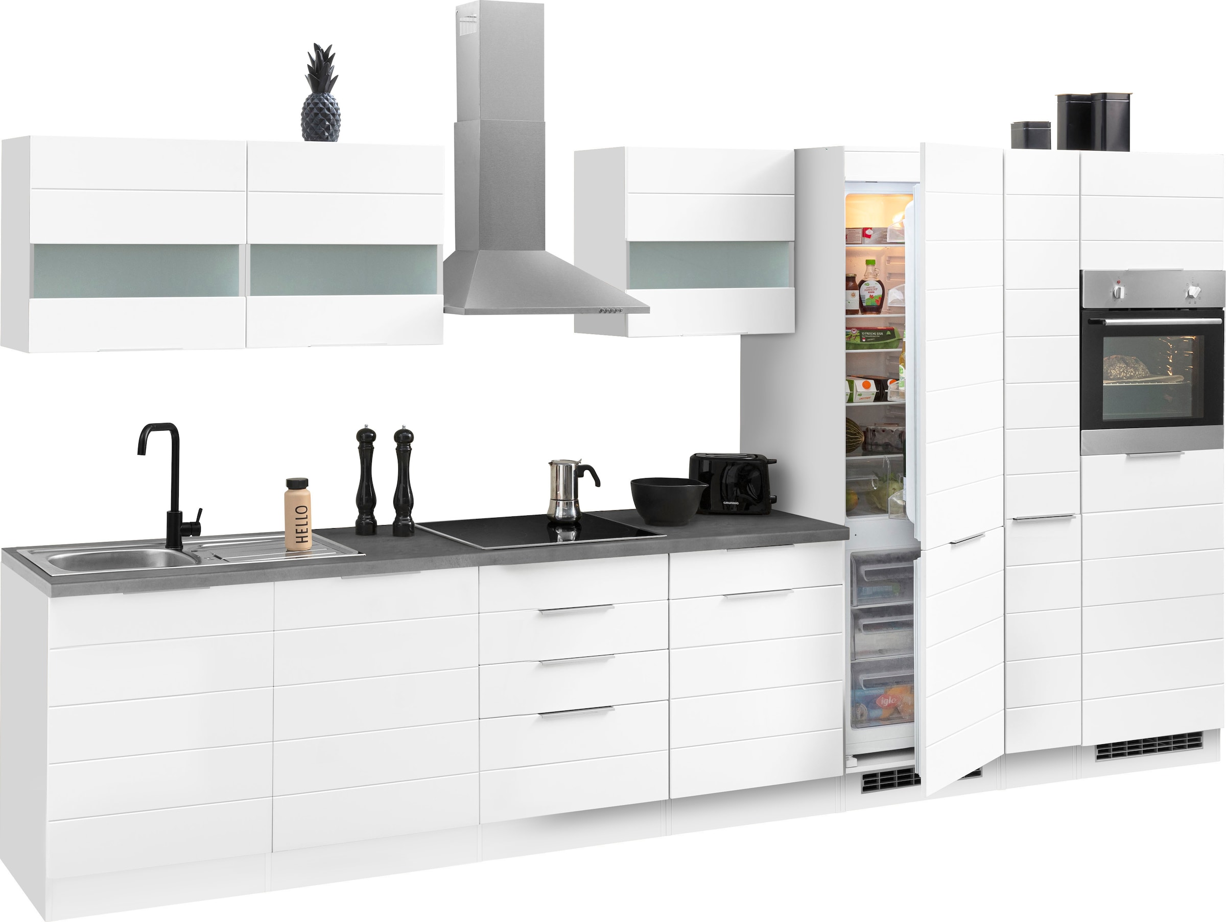 KOCHSTATION Küchenzeile »KS-Luhe«, 390 cm breit, wahlweise mit oder ohne E-Geräten, gefräste MDF-Fronten
